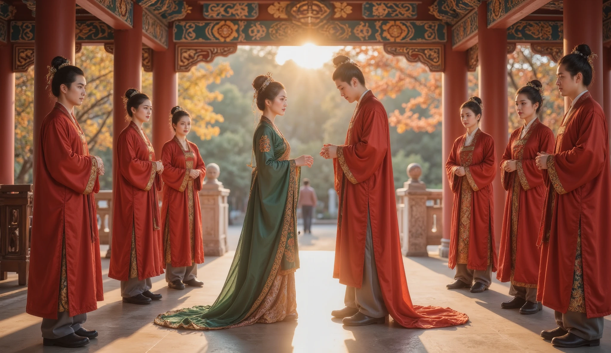 Tang Dynasty， The girl is wearing green ，   the boy wears a red Hanfu ， Golden autumn October ，  and bear fruit   ，Pomegranate tree，   and the two go into the wedding hall  。  man and woman face to face， Bend over to each other   ， Bow to each other ，   You can use the red tones of the festival   ，   to show the excitement and happiness of the wedding two 。   Two elderly men and women dressed in red sitting on wooden chairs 。  Two old men and women smiling at the boy and girl   