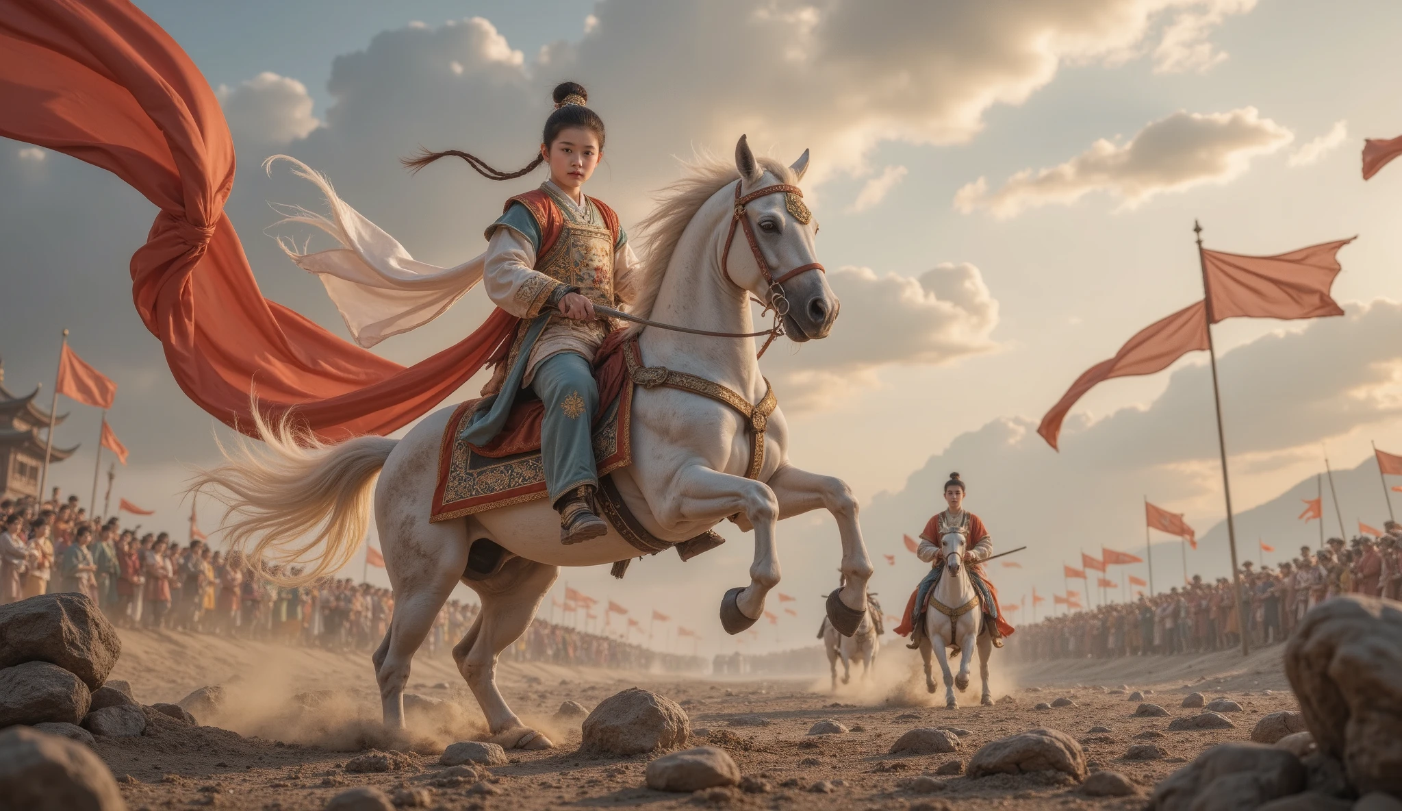 Tang Dynasty, battlefield,男孩身披Tang Dynasty铠甲,boy riding horse , Holding a weapon , His eyes were full of murderous aura 。