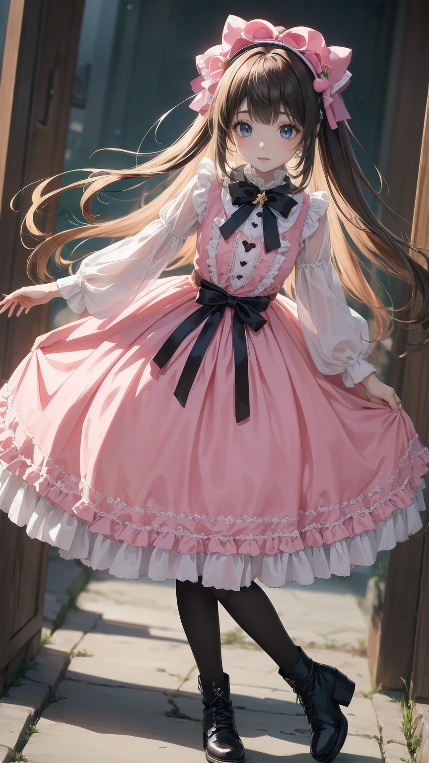   anime style 、story、、   pretty girl 、とてもcute天使、  pink gothic dress 、cute、baby face、smile、  Long Skirt 、   black boots 、Very cute headband
