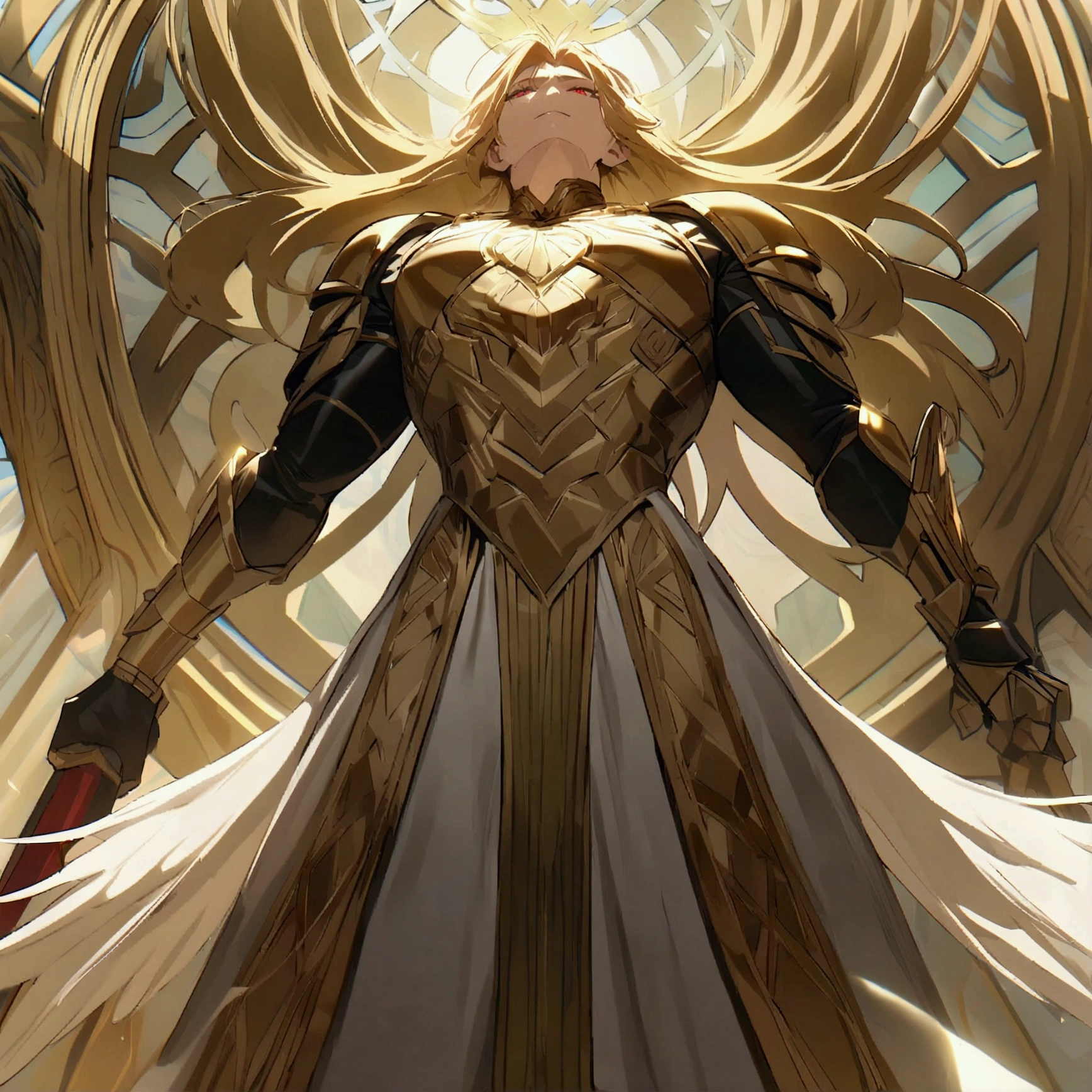 masterpiece, newest, absurdres, safe, high detailed, masterpiece. high detailed, male, A towering, angelic figure with long golden hair flowing down his back, Sanguinius has massive, feathered wings that radiate light, pure white wings. Red eyes, He wears ornate golden power armor adorned with intricate celestial engravings, rubies, and a red cloak. wields a massive spear with intricate designs.