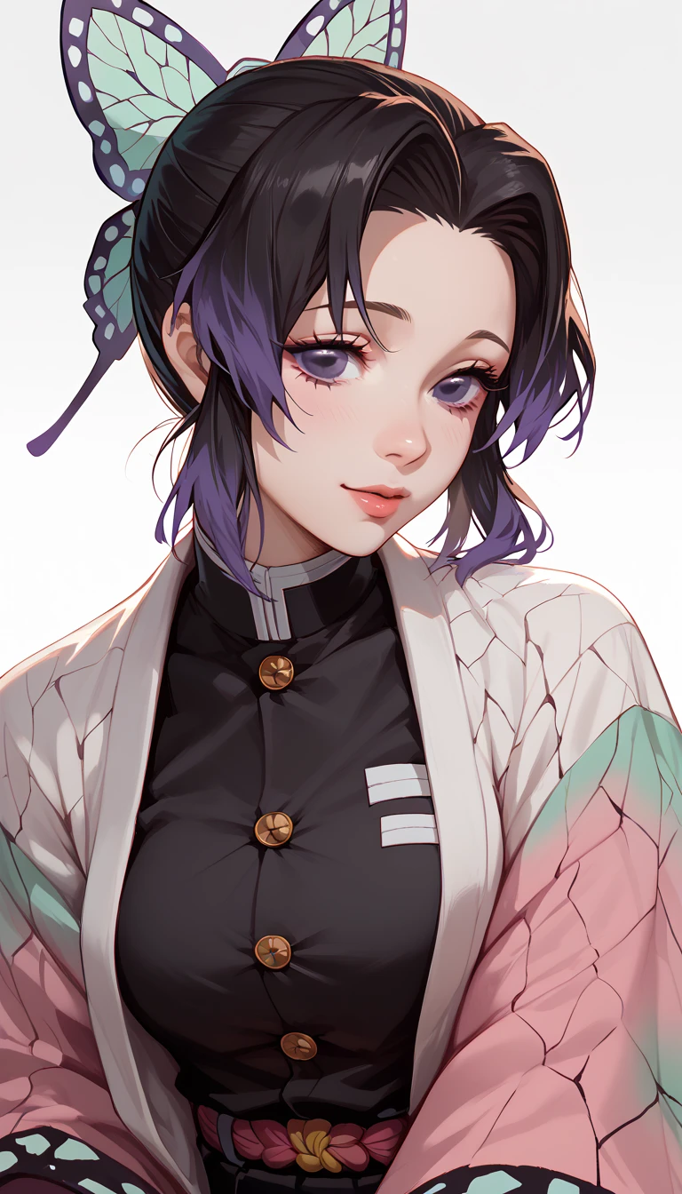 Asian woman, kimono with neckline, side shaved hair , gray eyes, pretty