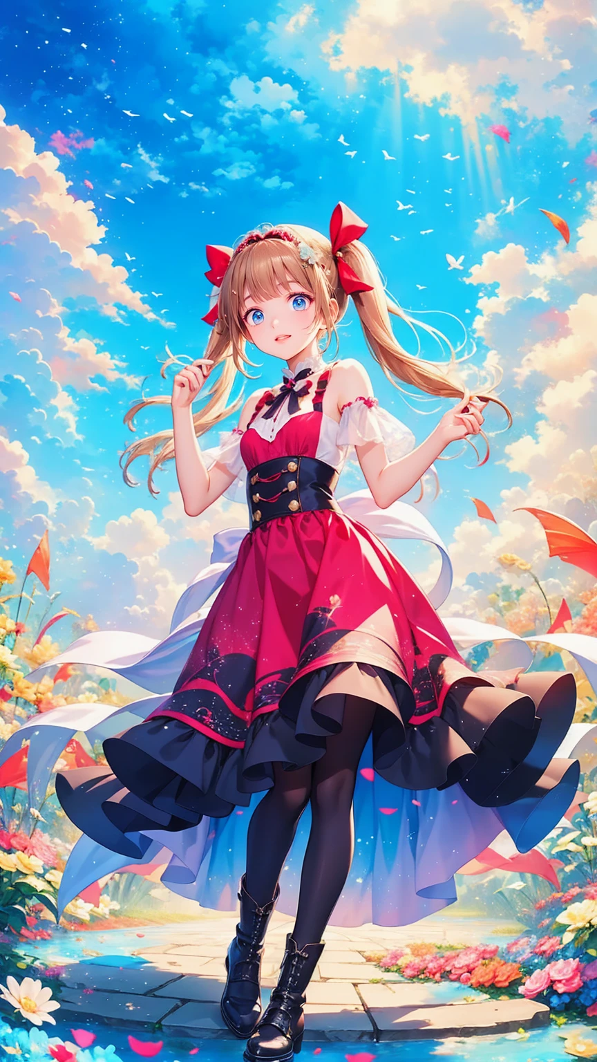   anime style 、story、、   pretty girl 、とてもcute天使、  pink gothic dress 、cute、、smile、  Long Skirt 、   black boots 、Very cute headband
