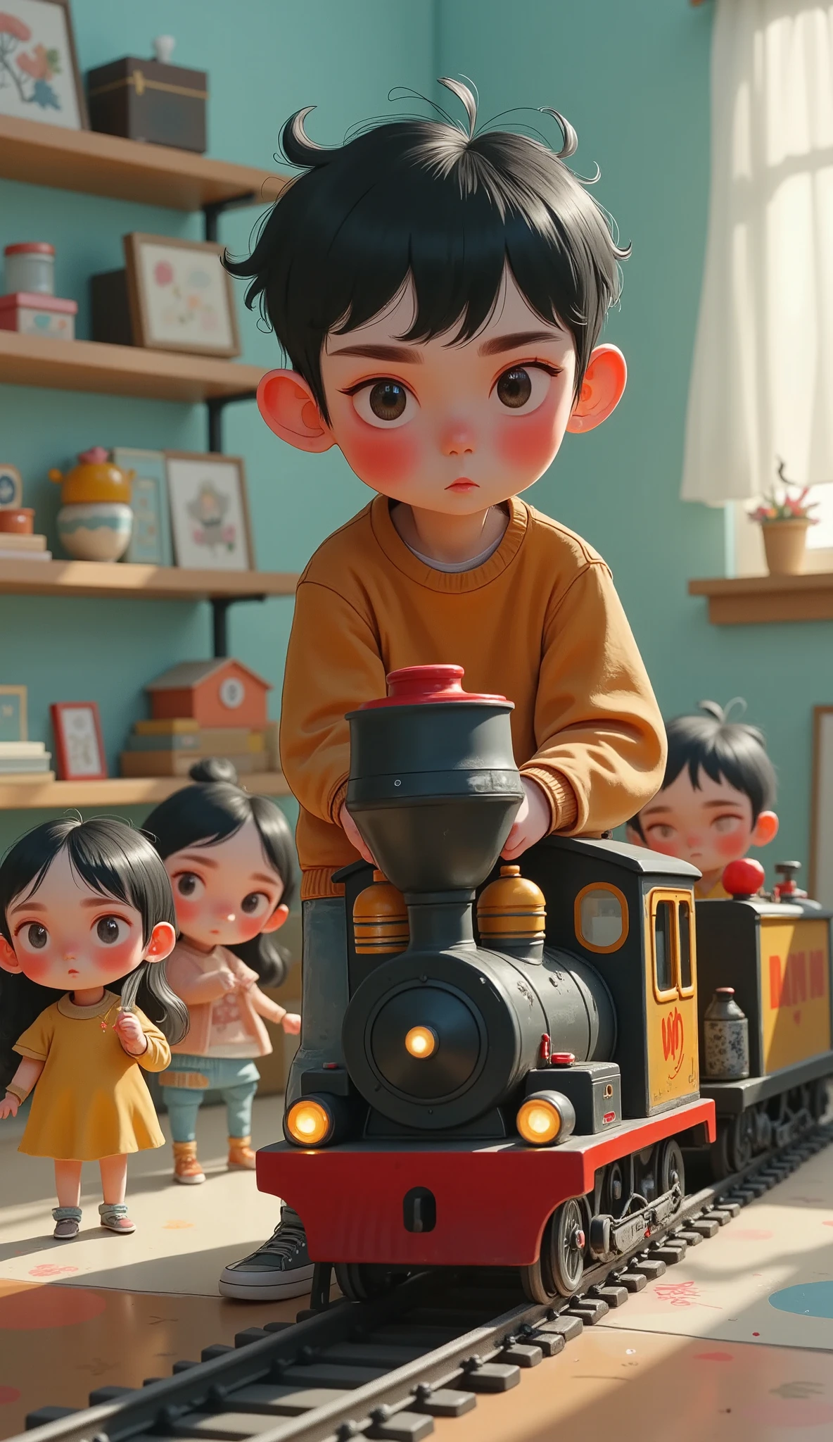  boy playing with toy trains ,  dolls waiting for the toy train ,  the camera is from below ,  making the  look bigger , The boy pushes the train ,  to the train station so that the dolls can get on the toy train,  in the background you can see the boy and his room with decorations is ,  atmosphere of playing with the imagination 