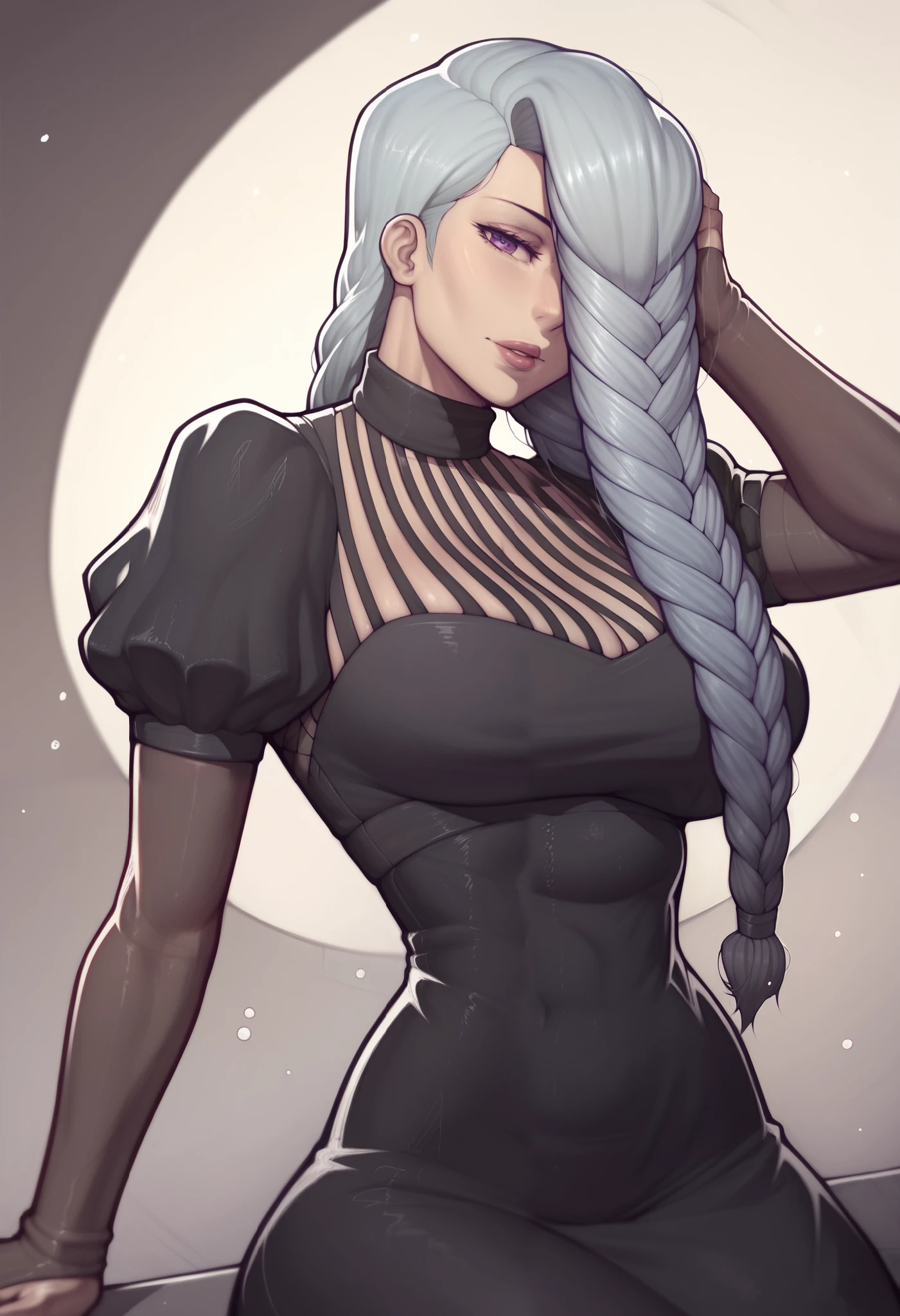 Asura style, 1girl, solo, mei mei, long hair, very long hair, braid, hair over one eye, braided ponytail, one eye covered, braided bangs, purple eyes, large breasts, black dress