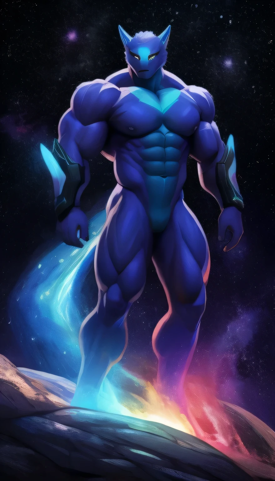 Backshot of a colossal giant god of the cosmos, a muscular body made enitrely of the galaxy, muscular, giant, wearing a purple and black skirt, small horns, thick galaxy thighs, big galaxy pecs, big muscular galaxy arms, galaxy mask, big muscle galaxy butt, bubble butt, full body character, high quality. 4k, DETAILED,  MASTERPIECE. Dark background