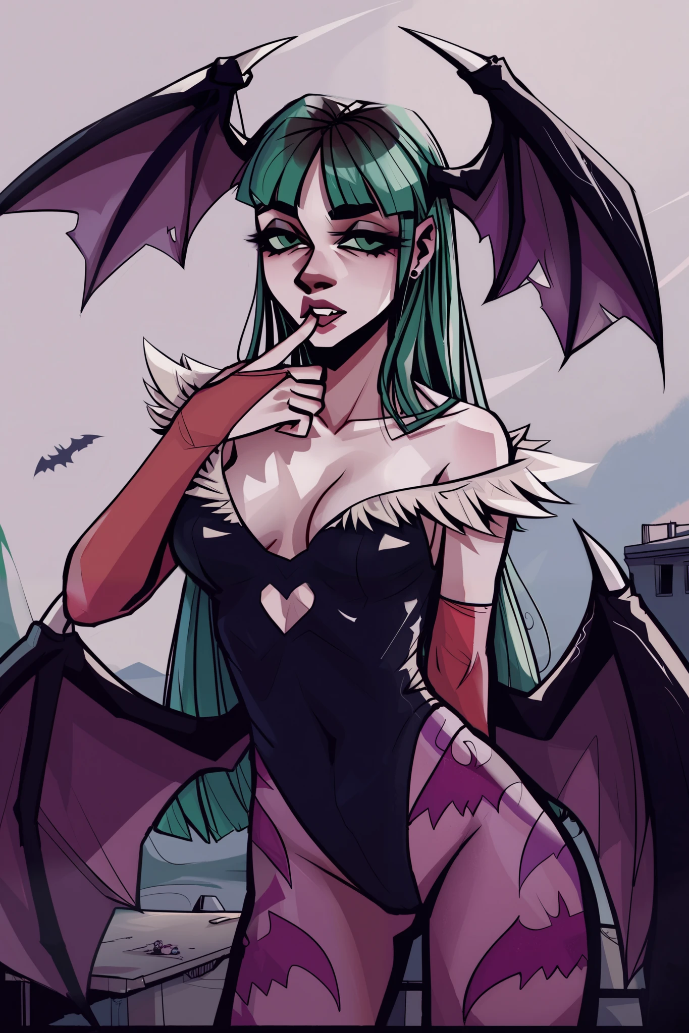 pantyhose,clothing cutout,bat \(animal\),breasts,looking at viewer,highres,bare shoulders,demon girl,miyata \(lhr\),animal print,heart cutout,bat print,leotard,green hair,large breasts,vampire \(game\),blunt bangs,wings,cleavage,grey background,head wings,bat wings,long hair,green eyes,morrigan aensland