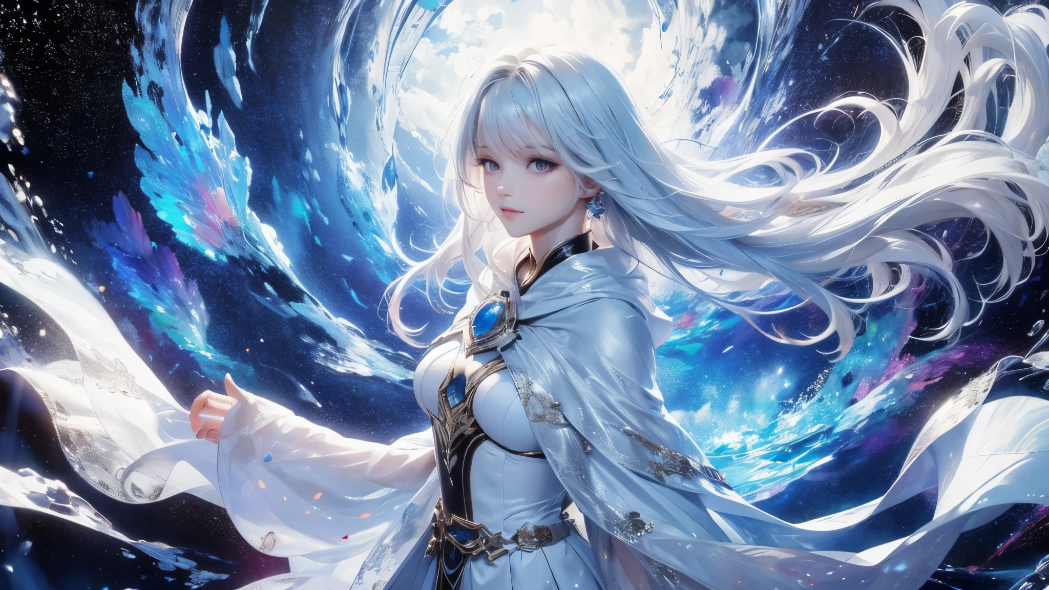 ((highest quality)),(Ultra-high resolution),(Very detailed),(Detailed Description),((The best CG)),(A masterpiece),Ultra-precise art,1woman, blue hair, hair looks like stiffened needles of ice, long spike ice hair, large hair, left side braid, pale blue color skin, bluish light that faintly emanates from beneath skin, blue ice eyes, scars have ribbed patterns that appear almost like old wounds that didn't close right, clothed covered saggy breasts, hair between eyes, eyelashes, BREAK earrings, silver jewelry, mage clothes, mage robe, dress, corset, underbust, fur trim, blue cape, fur trimmed cape, long sleeves, gloves, BREAK arm at side, standing, BREAK castle's room, BREAK cowboy shot