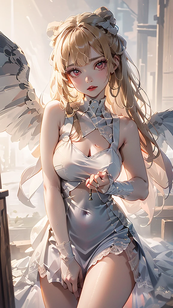 kitagawa marin, (((red eyes))), (((Blonde hair))), (((Wide spread white wings:1.4))), (((white Dress:1.3))), 
cowboy shot, from front, look at viewer, (face focus), nsfw, (((Outdoors, Heaven))), 
1 girl, ((angel)), ((shiny skin)), 
(((Bun Hair))), ((Blunt Bangs)), 
(((Short dress, See through, Low Cut, lace:1.2))), 
Dark eyeliner, Dark mascara, pink eyeshadow, shiny pink cheeks, glossy pink lips, under-eye bags, 
(best quality), (high quality), (masterpiece), (4k,8k,raw photo), (((Highly Detailed Face and perfect Skin Texture))), 
Depth of written boundary, (((Very elegant and beautiful, Perfect detail, Super detailed))), Beautifully detailed whole body,
