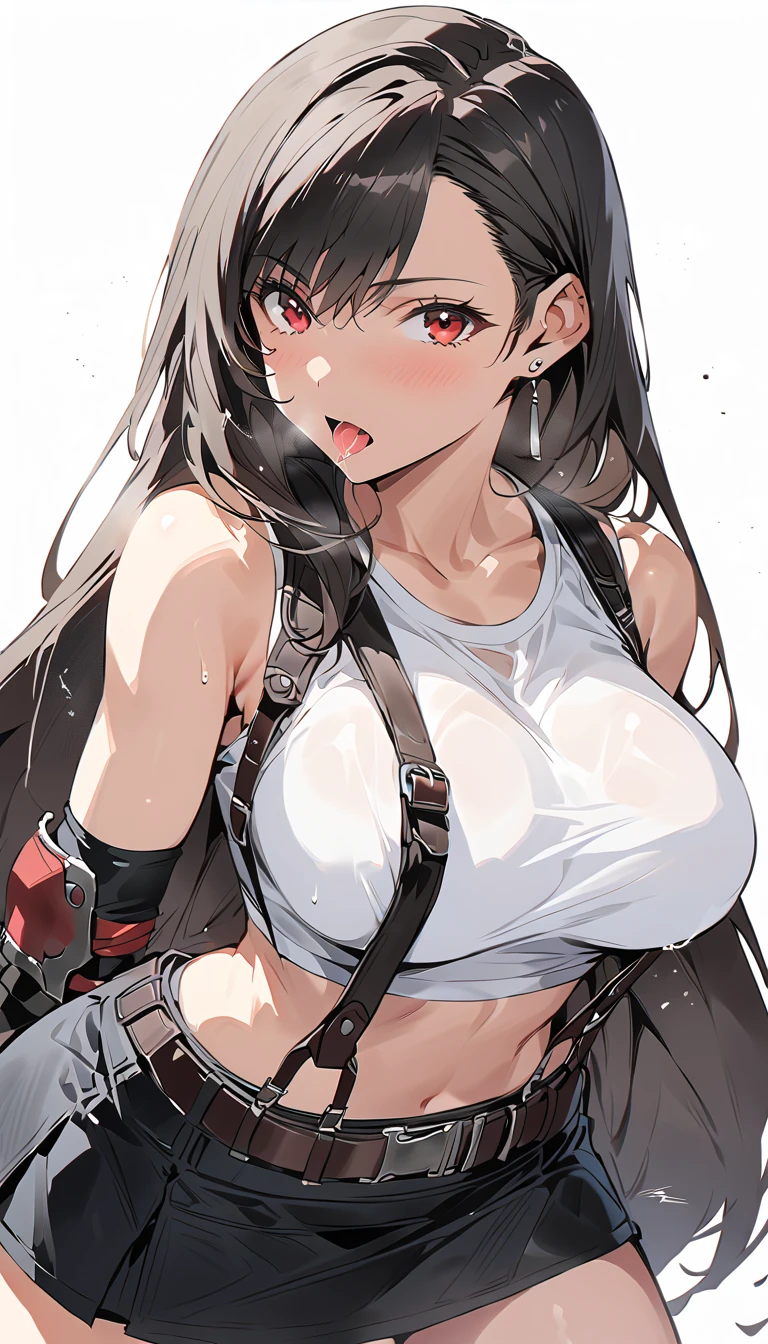 masterpiece,  best quality,  very sophisticated,  anatomically correct, 1 girl,  Tifa Lockhart,  Final Fantasy , long black 髪, red eyes, White crop top, Elbow pads,  Fingerless Gloves ,  suspenders, Looking at Me :1.5, Shaking Boobs ,  white t-shirt ,  short skirt ,  white panties visible, Mini Skirt,  pencil skirt,Sexually_Suggestive, Blowjob,