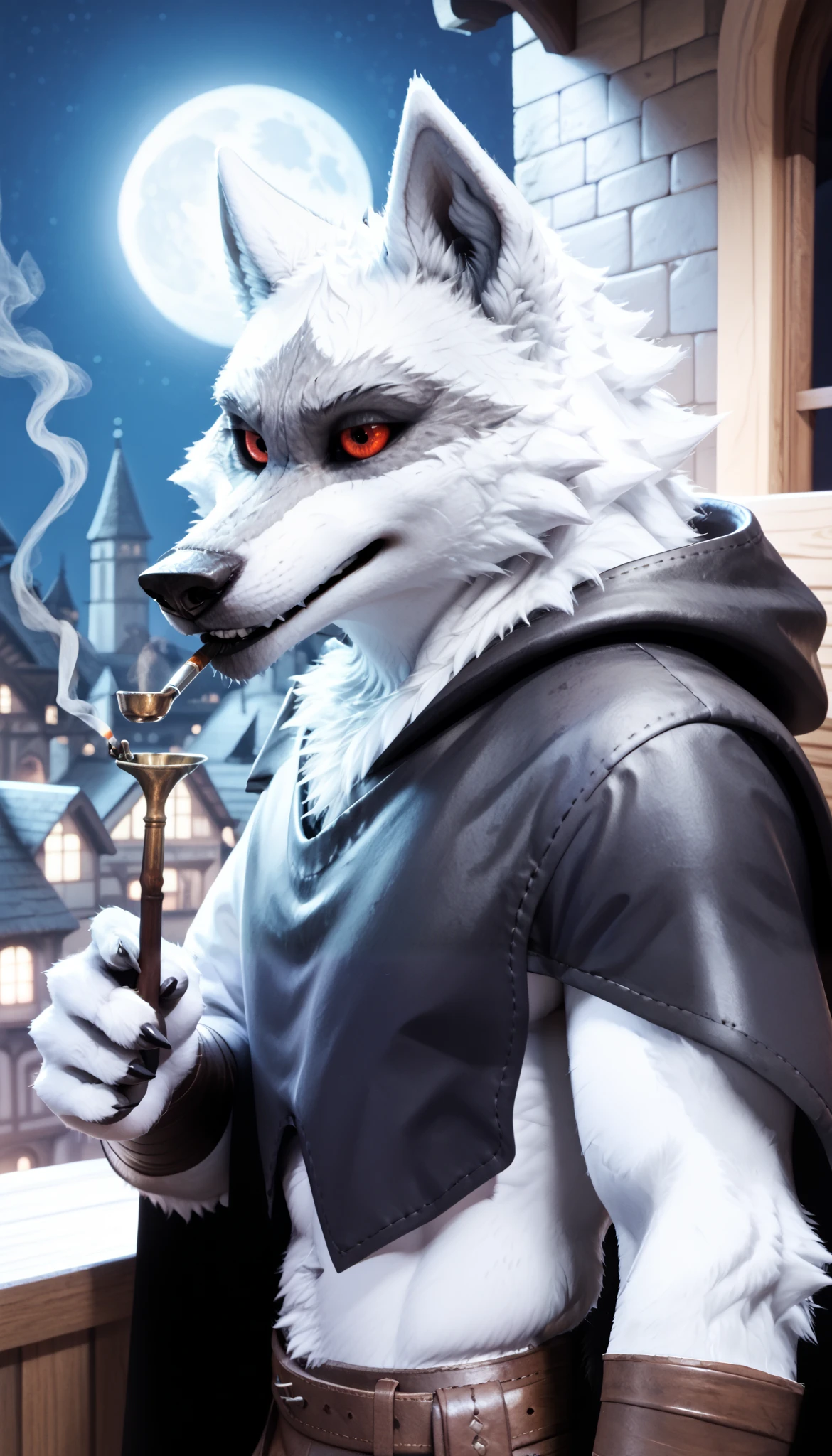 score_9, score_8_up, score_7_up, score_6_up, score_5_up, score_4_up, source_furry, BREAK, furry, anthro, detailed face eyes and fur, {Animal Type},High resolution,High quality,BREAK,, D3ath, wolf, 1boy, solo, red eyes, black cape, smoking,smoking pipe, calm gaze, looking from the balcony, side view, night medieval city, night, full moon, Ultra cinematic, 3D,