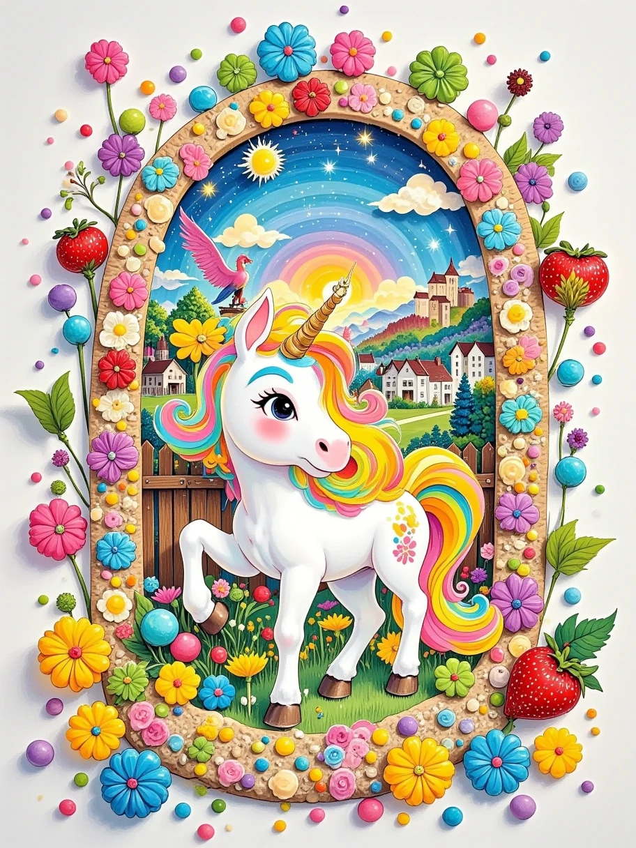  in this corner of a fairy tale world ， A dazzling rainbow unicorn stands gracefully in the center of a candy house， Its mane shines like colorful flowing light ， shines a dreamy glow ， The surrounding walls are decorated with colorful candy tiles ， The roof is covered with sweet frosting tiles ， The window border is decorated with crystal clear hard candy bars ， The sweet, mouth-watering scent ， Every piece of candy speaks of one A story about happiness and innocence ， The eyes of a unicorn are gentle and mysterious ， seems to lead us into a dream full of miracles and joy ，The whole scene is colorful ，Soft light， Every detail exudes warmth and joy 