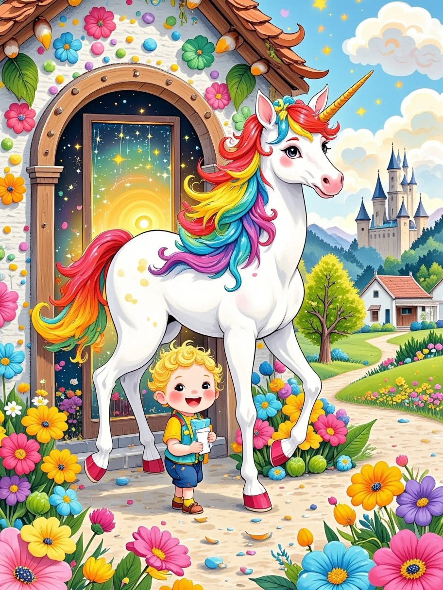  in this corner of a fairy tale world ， A dazzling rainbow unicorn stands gracefully in the center of a candy house， Its mane shines like colorful flowing light ， shines a dreamy glow ， The surrounding walls are decorated with colorful candy tiles ， The roof is covered with sweet frosting tiles ， The window border is decorated with crystal clear hard candy bars ， The sweet, mouth-watering scent ， Every piece of candy speaks of one A story about happiness and innocence ， The eyes of a unicorn are gentle and mysterious ， seems to lead us into a dream full of miracles and joy ，The whole scene is colorful ，Soft light， Every detail exudes warmth and joy 