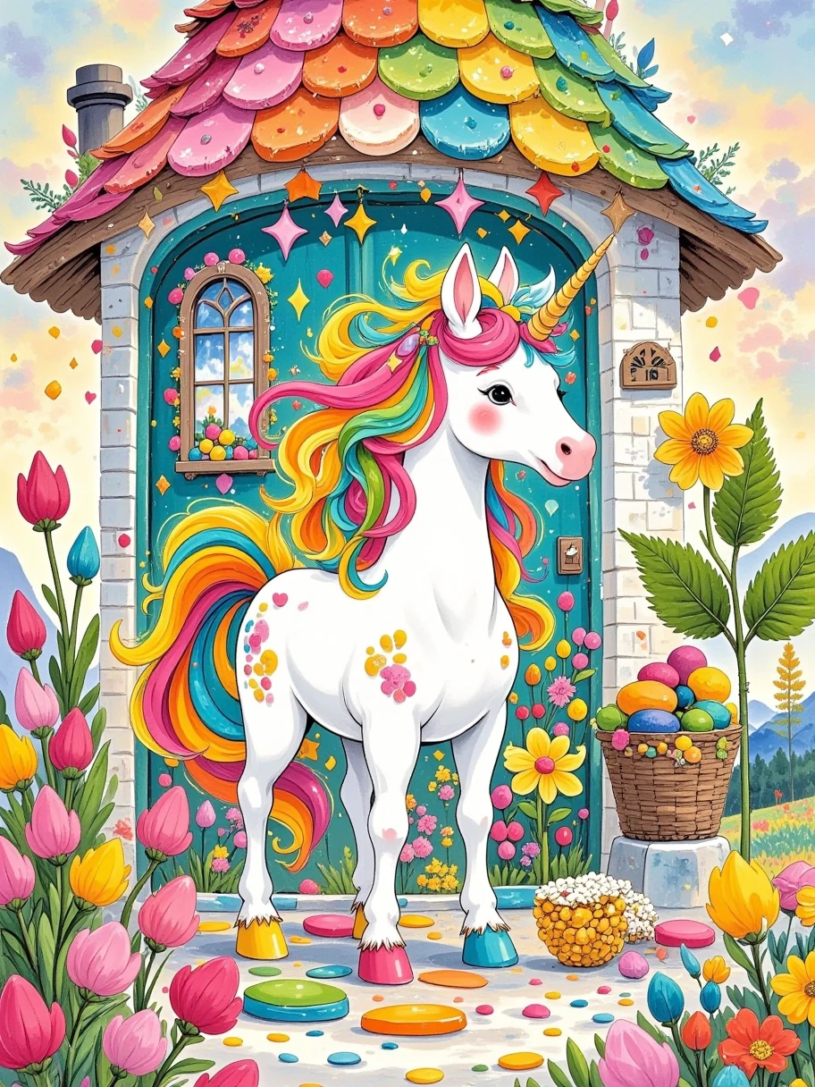  in this corner of a fairy tale world ， A dazzling rainbow unicorn stands gracefully in the center of a candy house， Its mane shines like colorful flowing light ， shines a dreamy glow ， The surrounding walls are decorated with colorful candy tiles ， The roof is covered with sweet frosting tiles ， The window border is decorated with crystal clear hard candy bars ， The sweet, mouth-watering scent ， Every piece of candy speaks of one A story about happiness and innocence ， The eyes of a unicorn are gentle and mysterious ， seems to lead us into a dream full of miracles and joy ，The whole scene is colorful ，Soft light， Every detail exudes warmth and joy 