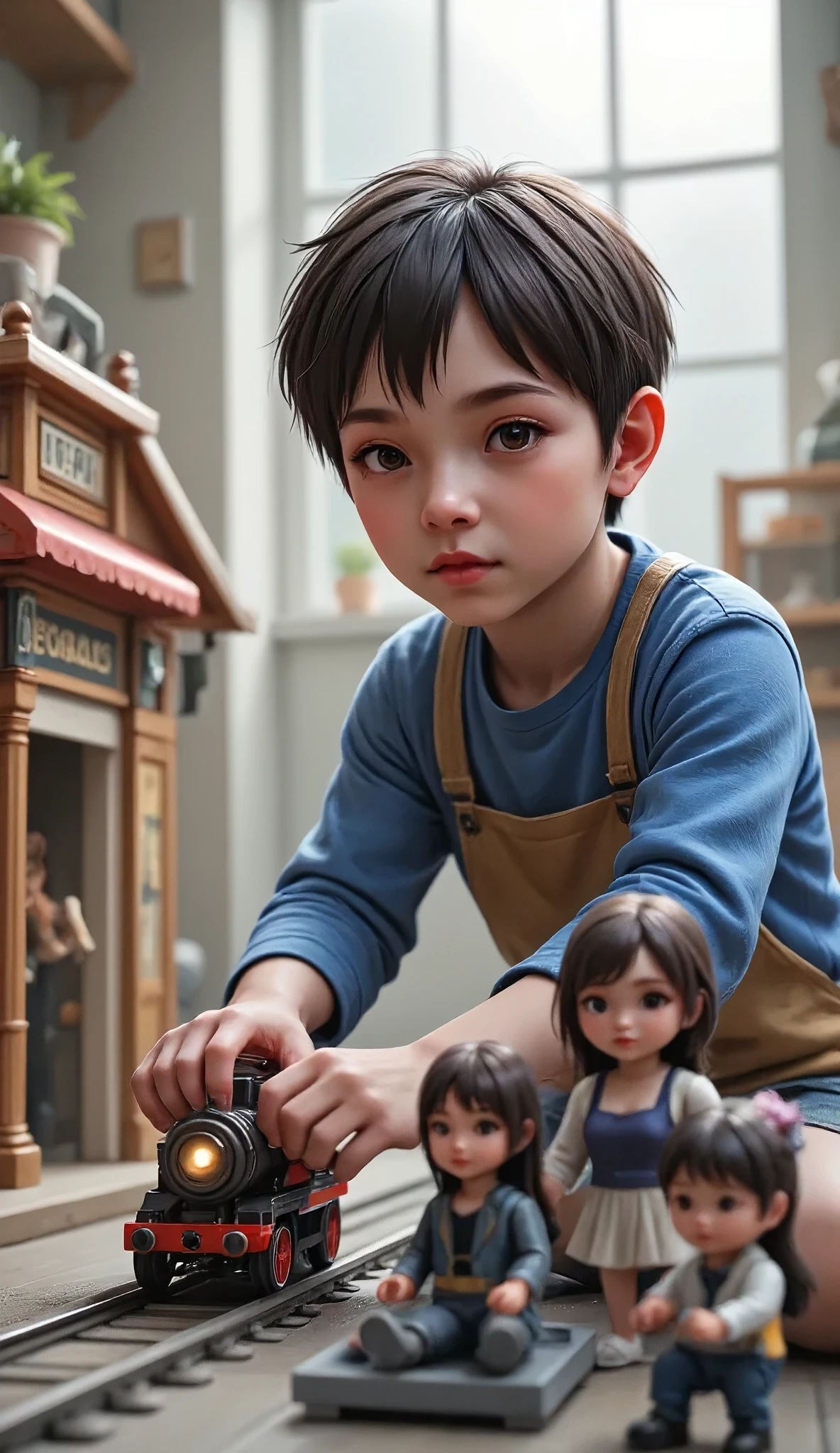  boy playing with toy trains ,  dolls waiting for the toy train ,  the camera is from below ,  making the  look bigger , The boy pushes the train ,  to the train station so that the dolls can get on the toy train, In the background you can see the boy and his room with decorations looks a little out of focus ,  the attention is on the train and the LEGO dolls waiting at the toy station,,  atmosphere of playing with the imagination 