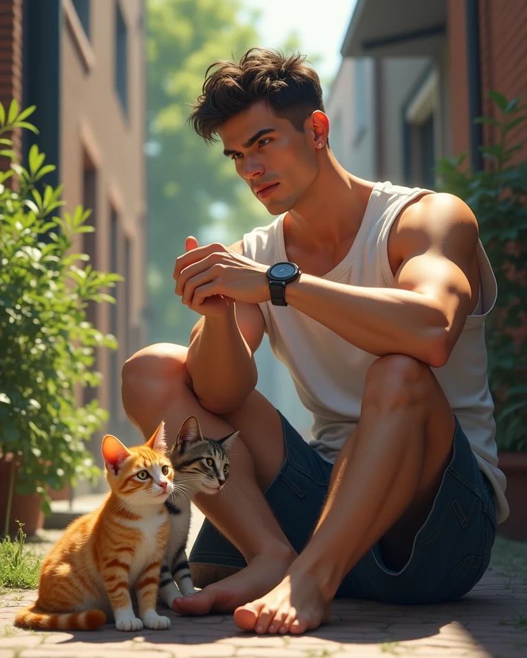 (absurdres, highres, ultra detailed), 1 male, handsome, tall muscular guy, very short hair, best ratio four finger and one thumb, best light and shadow, background is back alley, detasiled sunlight, sitting, Little cats are gathered next to him, dappled sunlight, day, depth of field, plants, summer, (dutch angle), closed mouth