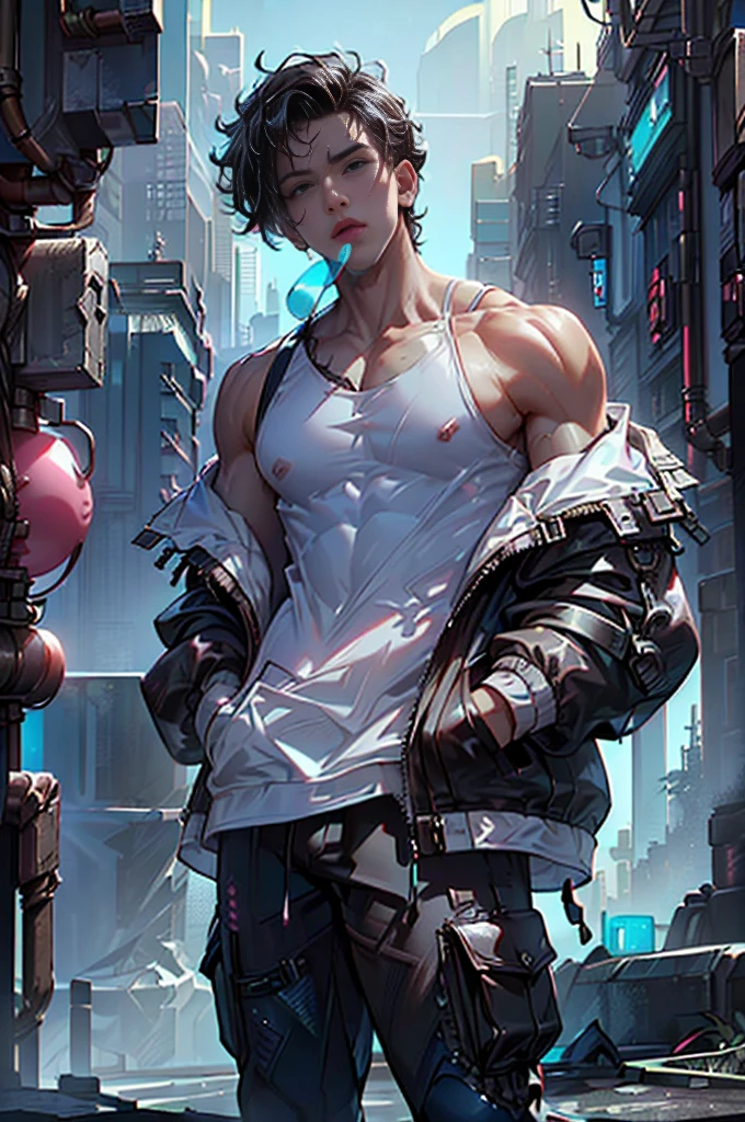 white man 30 years walking (Adam Levine pov), royal blue short hair, royal blue goatee, super detail eyes, perfect eyes, bare chest, cibernetic accessories, black pants, tattoos, rockstar style, fog, steam, backlight, much steam, flare, Cyberpunk nighttime scenarium, cyber prosthetics