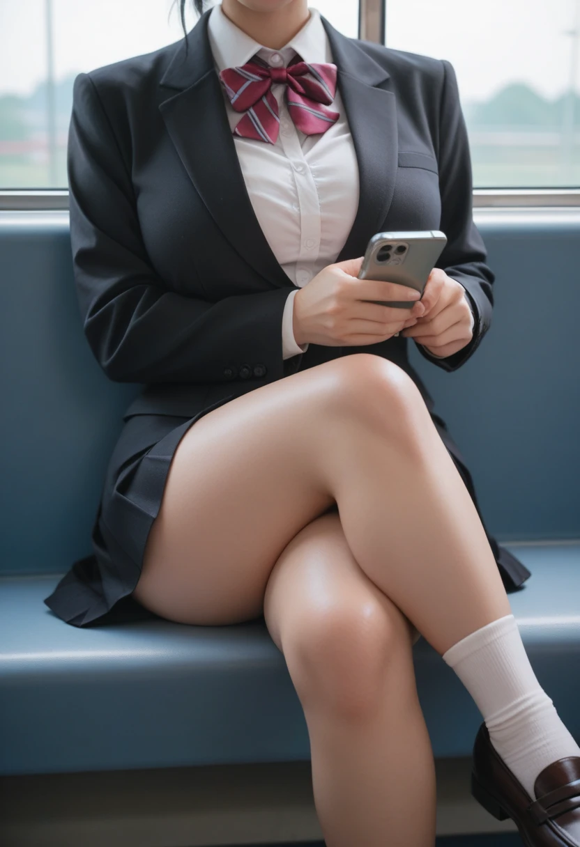 ((head out of frame)), Japanese high school girl, black blazer, white blouse, a ribbon, super miniskirt, white sox, loafers, black hair, large breast, sitting on train seat, crossed legs, focused on thighs, she is holding smartphone