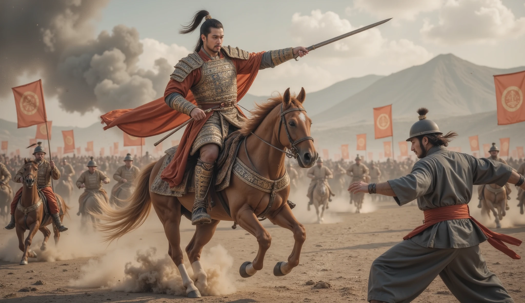 Tang Dynasty， battlefield，男人身披Tang Dynasty铠甲，Man riding horse   ，  Holding a weapon ，  His eyes were full of murderous aura 。The weapon stabs the enemy，