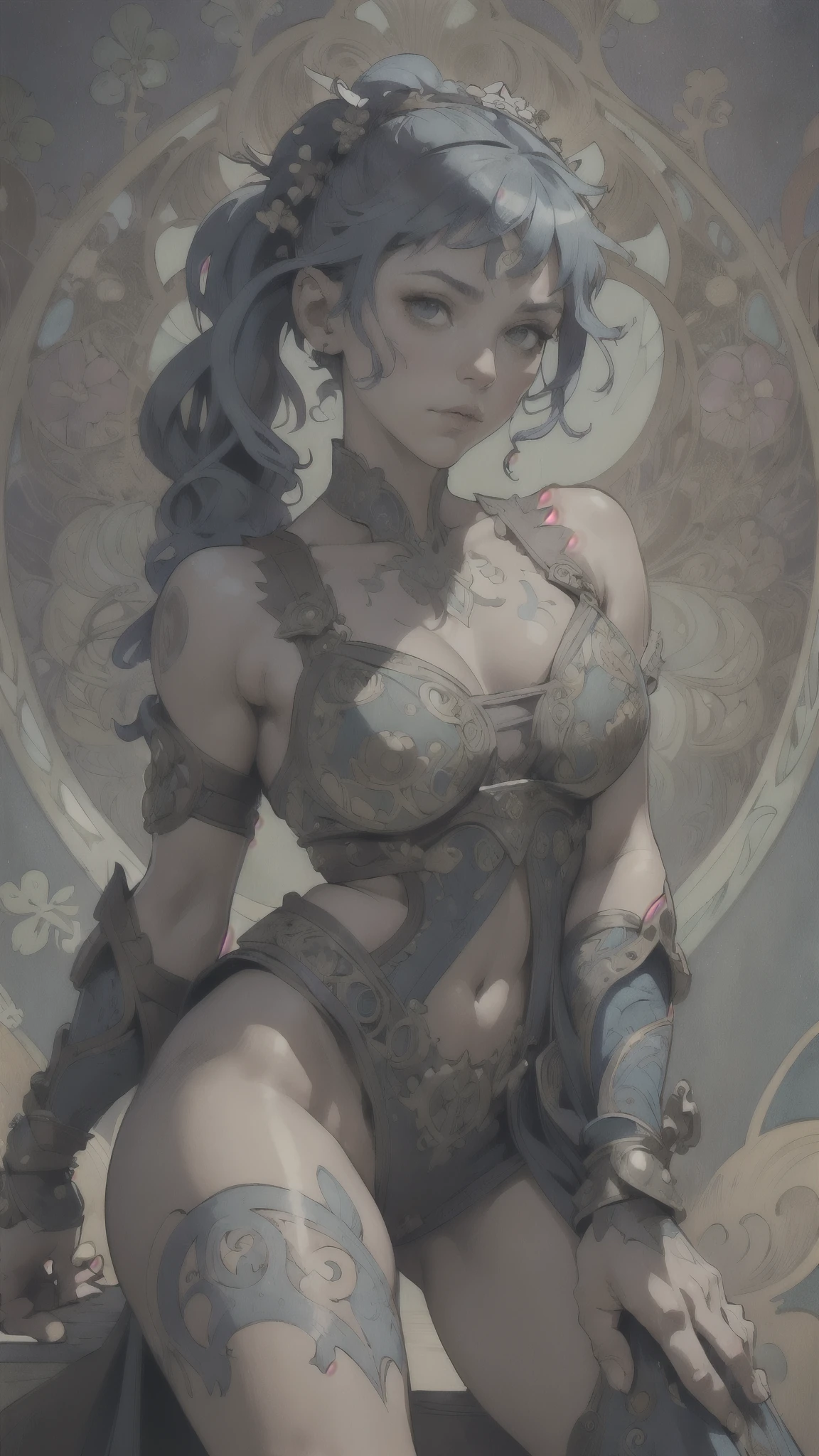 ((Detailed face)),((Mucha's style)),(vulgar),(portrait),,blue hair,side ponytail,(arms behind back:1.2),((addiction to sex))((light-armed warrior)),(high position:1.6)