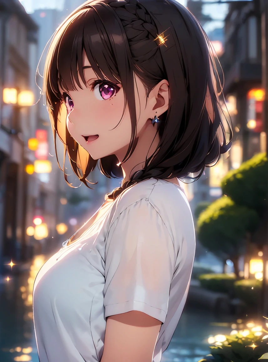     High Definition  ,In 8K,  best quality ,  Details, semi-realistic anime , D-anime style ,  Smooth Anime CG  ,  one girl,   19-year-old Japanese woman , ((Beauty)),  slim,modeling,((Sparkling Eyes)),(( medium hair)),((Put your hair together at the back)),(((profile))),((Beautiful braided short hair)),(( Maroon Sparkling Hair )),  pink lips,  shiny brown hair on background,  Detailsな顔,(( smaller breasts)),Beautiful and   Details,,((深い青紫色のSparkling Eyes)),((Open your mouth)),(Smile),(( on the banks of the river in the morning fog )),(( humid )),(( beautiful white birch grove on the other side )),(((Earrings))),(( Beautiful Light-Up Bokeh Backdrop )),((Transparency)),((( look at the camera)))