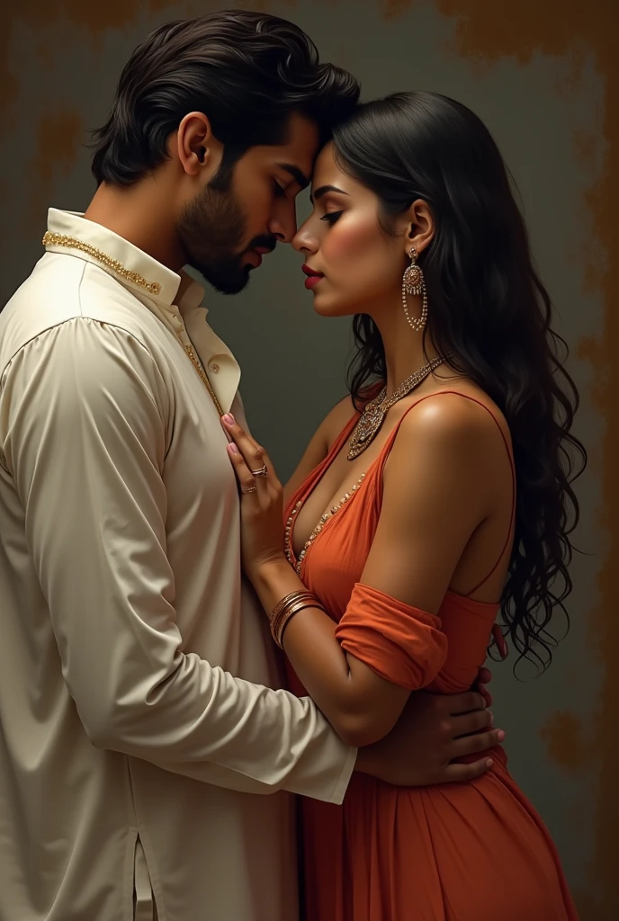 1 handsome and attractive Indian man with sexy Indian married woman bit chubby wearing a saree with golden metallic blouse, the saree is wet. Both are hugging pose. The woman is tanding on the left side of the man. In office. Hyper realistic image detail image. woman standing on left of the man with her navel visible. They are in office meeting room background