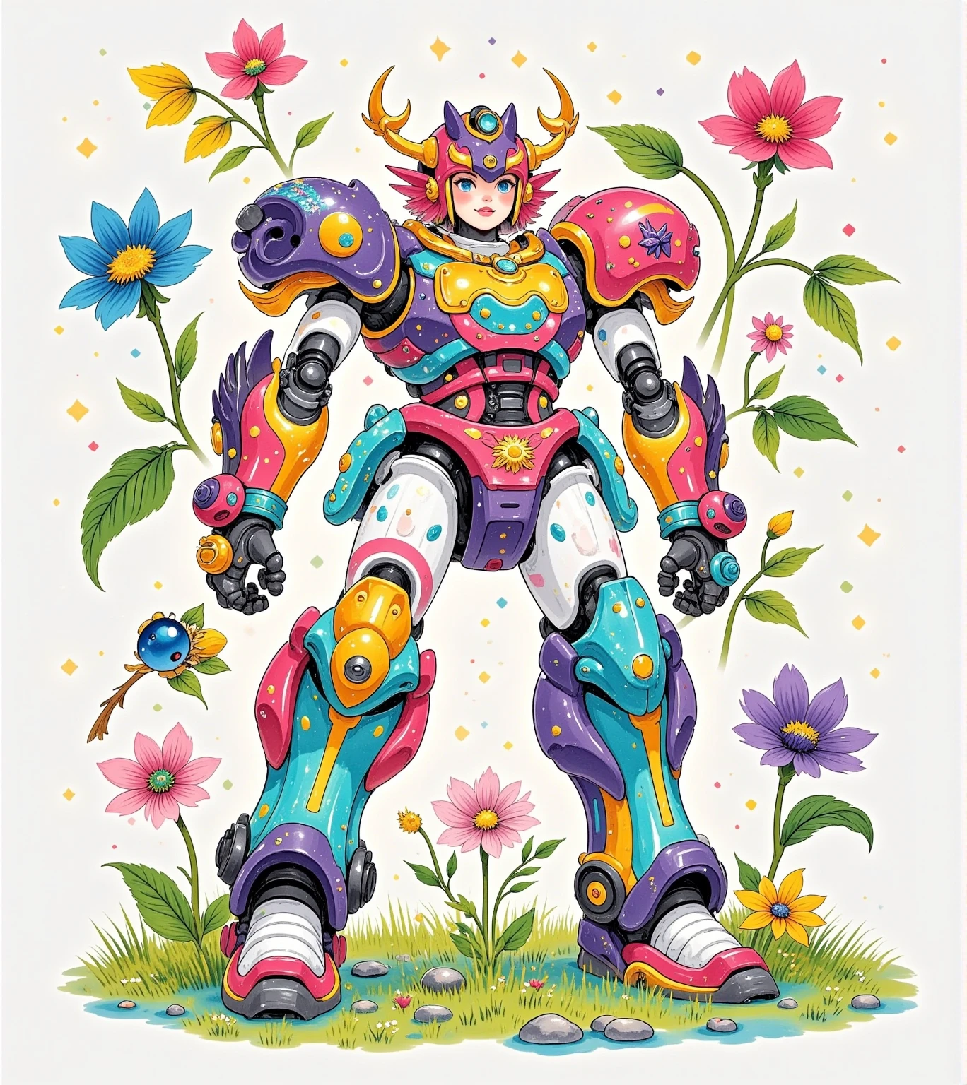  Future Tech Mecha , Flower Fairy, Modeled after a flower ,  Designed as a mecha fighter , whole body覆盖着自然色彩的装甲, , equipped with a basic weapon system , 装甲上刻有Flower Fairy特有的图腾, , as soft as a petal ,  without losing the strength and strength of the mecha ,  The colors are mainly flowers in nature , pink, Purple and green,  The future technology style is reflected in the ecological energy system on its armor, Super fine, 超 HD,  high quality, Perfect composition, Vision, whole body,  is brightly colored ,  HD,  high detail , Fresh color scheme ,  bright colors , ((( dopamine color scheme ))), High Saturation,  High Contrast, 8k