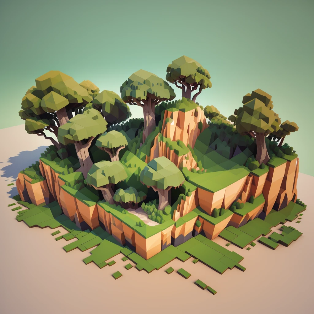  A close-up of an island with trees and shrubs,  stylized 3D rendering , 3d rendering style, isometric voxel art ,  High quality voxel art , 3d low polygonal rendering, 3d low polygonal rendering,  low polygon 3D rendering ,  presented in 3D rendering style , Voxel-based world ,  High quality low polygon art ,((masterpiece,  better quality)),3D Rendering，Miniature Landscape，lowpoly,Ultra HD 8K, clearly focuses , Very Detailed ,Professional lighting,Color details，jungle， Amazon rainforest ，vine，Wild Boar， rainforest plants ， stone ，vine，Clean background