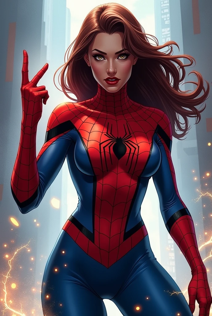(best quality, masterpiece, colorful, dynamic angle, highest detailed) upper body photo, fashion photography of cute, intense red long hair, Mary Jane in spiderman suit,(ultrahigh resolution textures), in dynamic pose, bokeh, glowing web, (intricate details, hyperdetailed:1.15), detailed, light passing through hair, splash art flat background(high contrast, official art, extreme detailed, highest detailed),