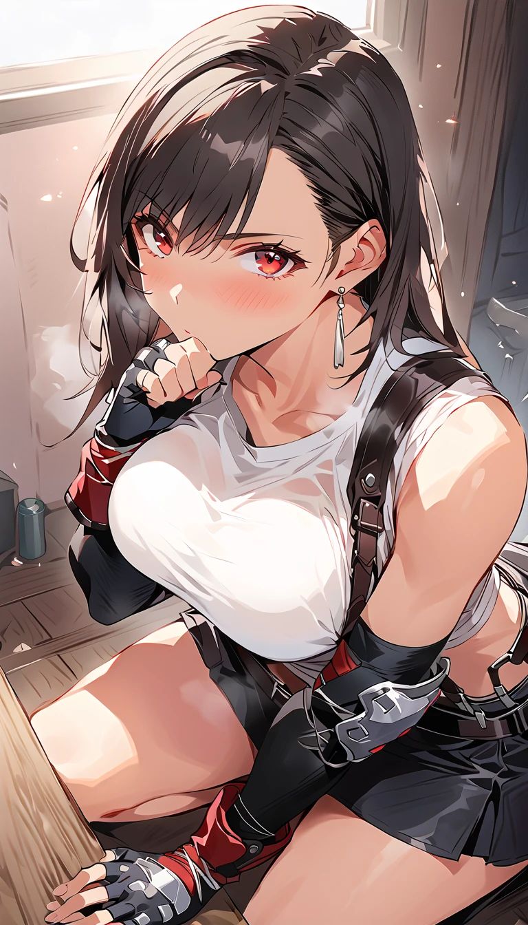 masterpiece,  best quality,  very sophisticated,  anatomically correct, 1 girl,  Tifa Lockhart,  Final Fantasy , long black 髪, red eyes, White crop top, Elbow pads,  Fingerless Gloves ,  suspenders, Looking at Me :1.5, Shaking Boobs ,  white t-shirt ,  short skirt ,  white panties visible, Mini Skirt,  pencil skirt,Sexually_Suggestive, Blowjob,