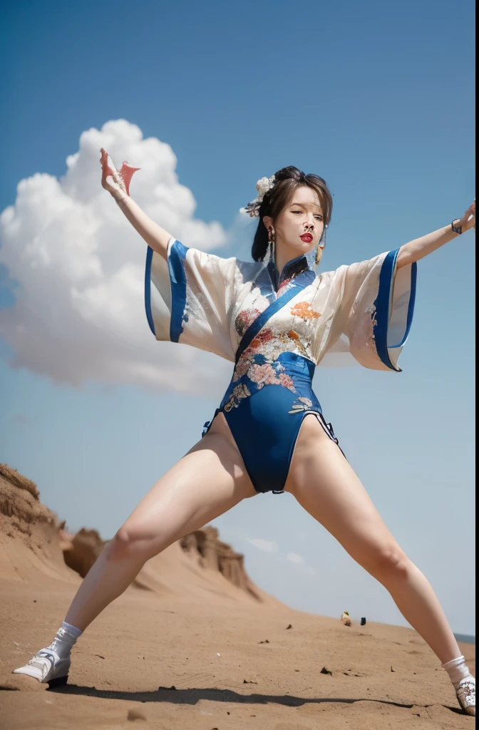 (masterpiece, top quality, best quality, official art, beauty:1.2),(最詳細清晰的contour和五官:2.0,contour:2.0) (1 Chinese goddess:1.5), Very detailed,(Dunhuang艺术:1.1),(Dunhuang,rich and colorful:1.1)(flowers:1.3),most detailed,(Zentangle:1.2), (Dynamic flight attitude,Foot on white clouds,Showing thighs:1.5), (blue sky, White clouds and bright moon background:1.3), (Chinese embroidered Hanfu:1.2), (shiny skin,camel toe:1.2), (Many colors:1.4), ,(earrings:1.4),