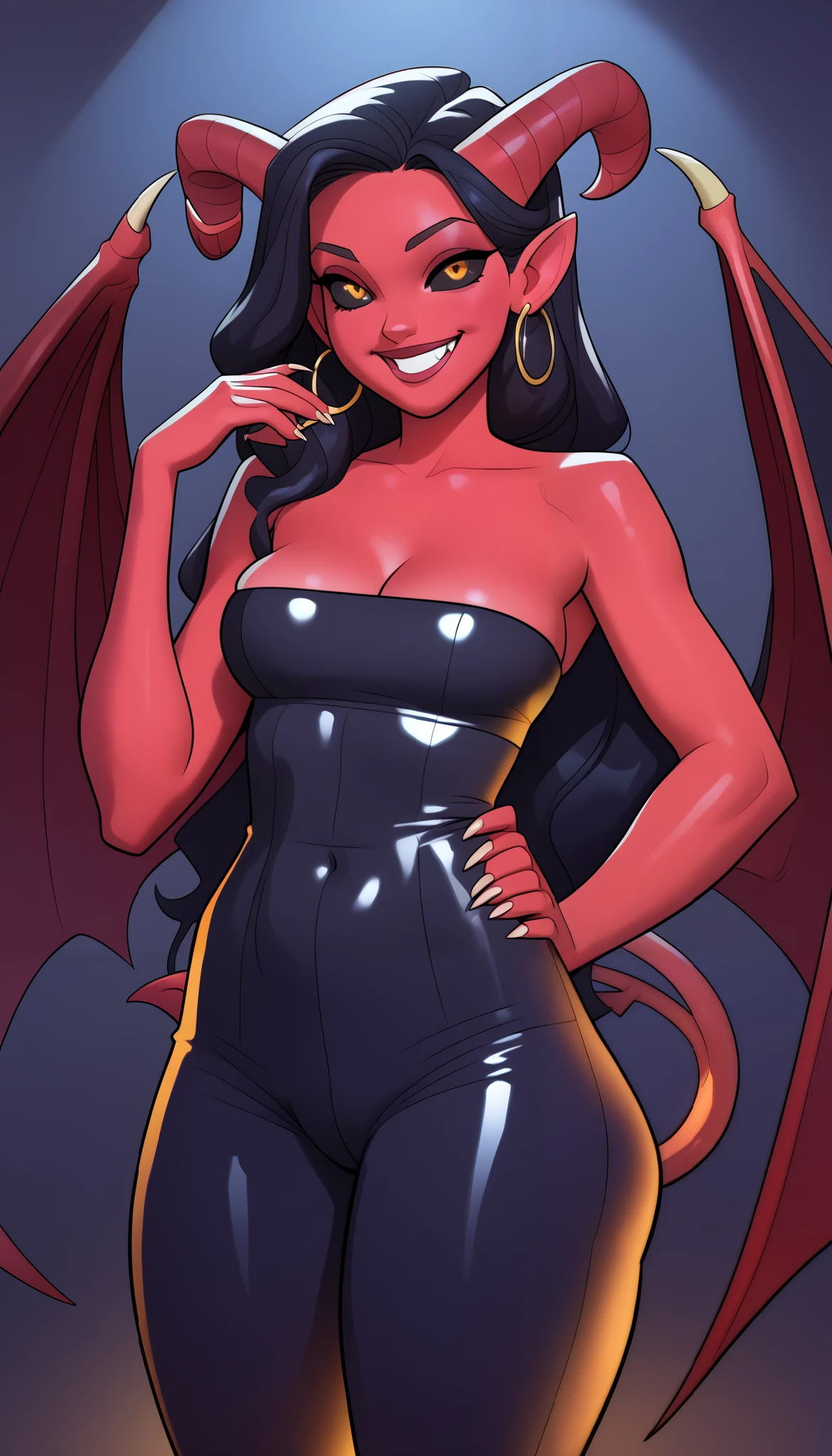 score_9, score_8_up,score_7_up, score_6_up, score_5_up, score_4_up, demon woman standing in a dark bedroom, succubus seduce in a dark bedroom, red skin, horns, devil wings, black sclera, big curved horn, long hair, Shiny high-leg slutty suit, jab style, pretty face, score_8_up, score_7_up, score_6_up, (Perfect Anatomy), Masterpiece, Ultra High Quality, 8k, masterpiece, Highest quality, Ultra-high resolution, Maximum resolution, Very detailed, Professional Lighting, anime, so beautiful, Highly detailed eye, Highly detailed face, flirty smile,