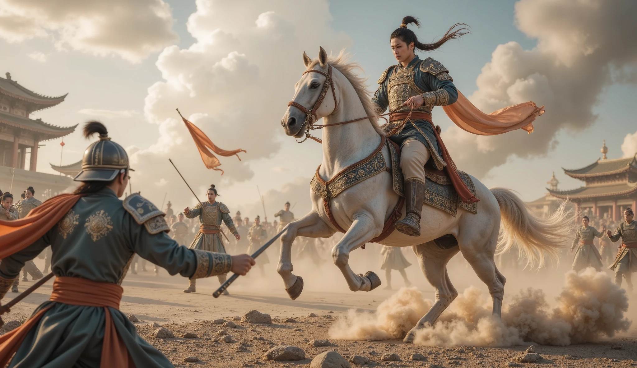 Tang Dynasty, battlefield,男人身披Tang Dynasty铠甲,Man riding horse , Holding a weapon , His eyes were full of murderous aura 。The weapon stabs the enemy,