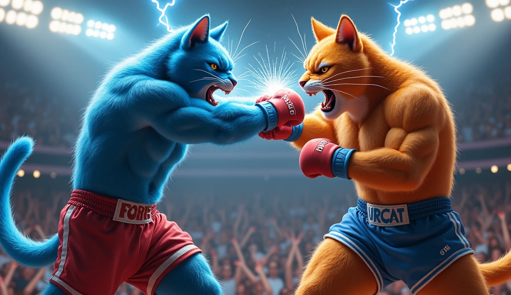 Create realistic images A dramatic scene features two anthropomorphic cats in a boxing ring. The muscular red cat, wearing black shorts and boxing gloves, is receiving a powerful kick to the stomach from a larger blue-furred cat, who is also wearing black shorts. Bright bursts of energy and blood explode from the point of impact, highlighting the intensity of the moment. In the background, a captivated audience watches with various expressions of shock and excitement.