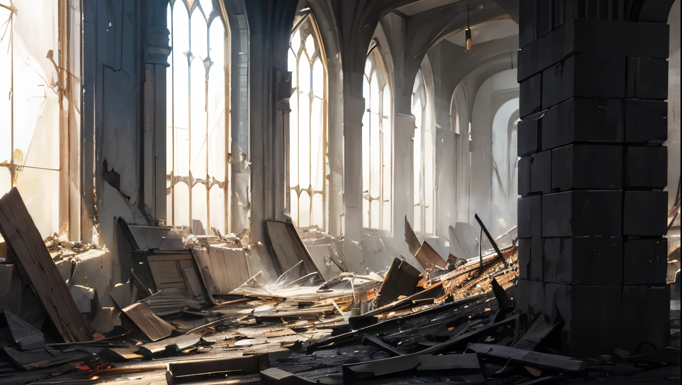 hot，Heat wave，inflammation，，Electric Arc ，Discharge，Collapse，earthquake， Ground Cracked ， Ancient Battlefield Background , textured skin, , , , , Award-winning works,  high detail,  Incredible High Key Lighting and Shadows,   Masterpiece ,Realistic、 no one、Destroyed church