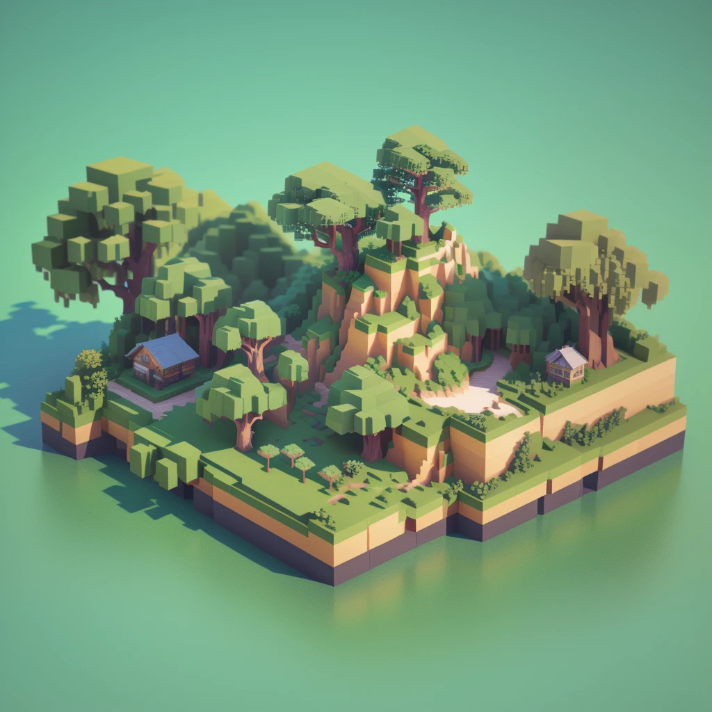  A close-up of an island with trees and shrubs,  stylized 3D rendering , 3d rendering style, isometric voxel art ,  High quality voxel art , 3d low polygonal rendering, 3d low polygonal rendering,  low polygon 3D rendering ,  presented in 3D rendering style , Voxel-based world ,  High quality low polygon art ,((masterpiece,  better quality)),3D Rendering，Miniature Landscape，lowpoly,Ultra HD 8K, clearly focuses , Very Detailed ,Professional lighting,Color details，jungle， Amazon rainforest ，vine，Wild Boar， rainforest plants ， stone ，vine，Clean background