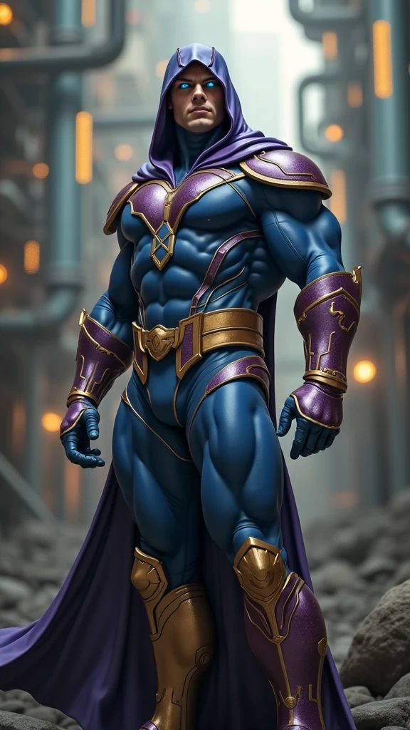 Skeletor characters from Masters of the Universe is a muscular blue-skinned man with a skull face and purple leather hood., skeletor chest armor color morado, muscular man raising his arms showing his powerful biceps, male bodybuilder, fitness model, magazine cover, flex magazine 2000s, musclemag 2000s, chiseled abs, bulging muscles, small waist, has demonic glowing eyes, dramatic lighting, studio shot, fotorrealist, Very detailed, cinematographic, dramatic pose, shiny skin, (Best Quality, 4k, 8k, High resolution, masterpiece: 1.2), Ultra detailed, (realist, fotorrealist, fotorrealist: 1.37), HdR, UHD, studio lighting, Ultrafine paint, sharp focus, physics-based representation, extreme details description, professional, vivid colors, bokeh. Oily blue skin body, Skeletor Masters of the Universe bracelets and belt. dominant male. villain. wicked. In the background is a demonic dungeon lit with torches.