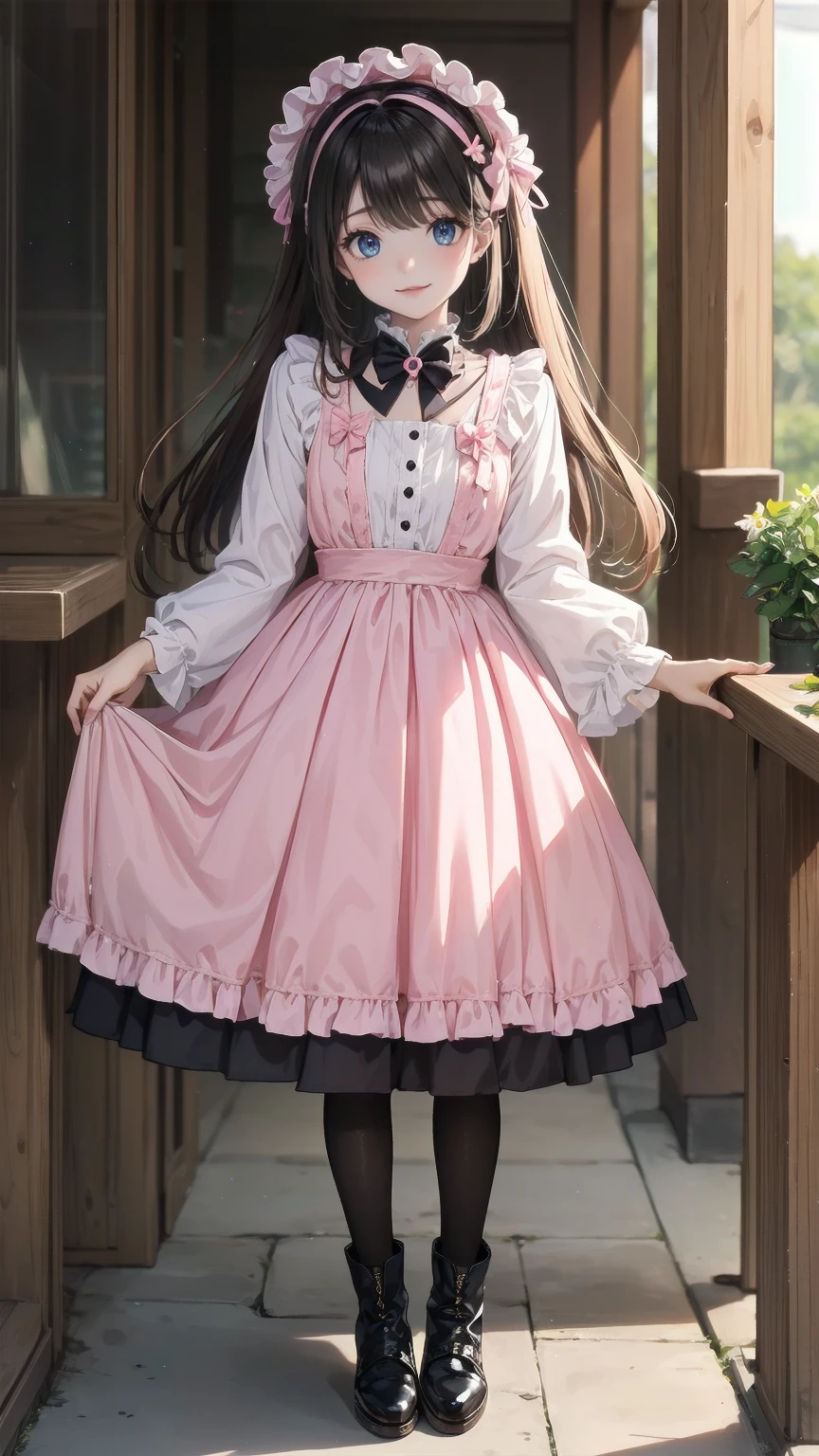   anime style 、story、、   pretty girl 、とてもcute天使、  pink gothic dress 、cute、baby face、smile、  Long Skirt 、   black boots 、Very cute headband
