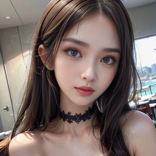 {masterpiece},{highest quality},{One Girl}, cute, wonderful, Beautiful details, **,Bob Hair, Brown Hair,In detail,Written boundary depth,Extremely detailed CG,original, Very elaborate wall, 、,,DARKBLUE、Small breasts,,BLUE eyes、Lounge at night、choker、、、、Small breasts、,topless underdress，pubic hair､,topless、all nude,CLOSE UP,TOPLESS,topless,Underless,８K Image、Real Image、High resolution、slim,Model Body Type、Small breasts