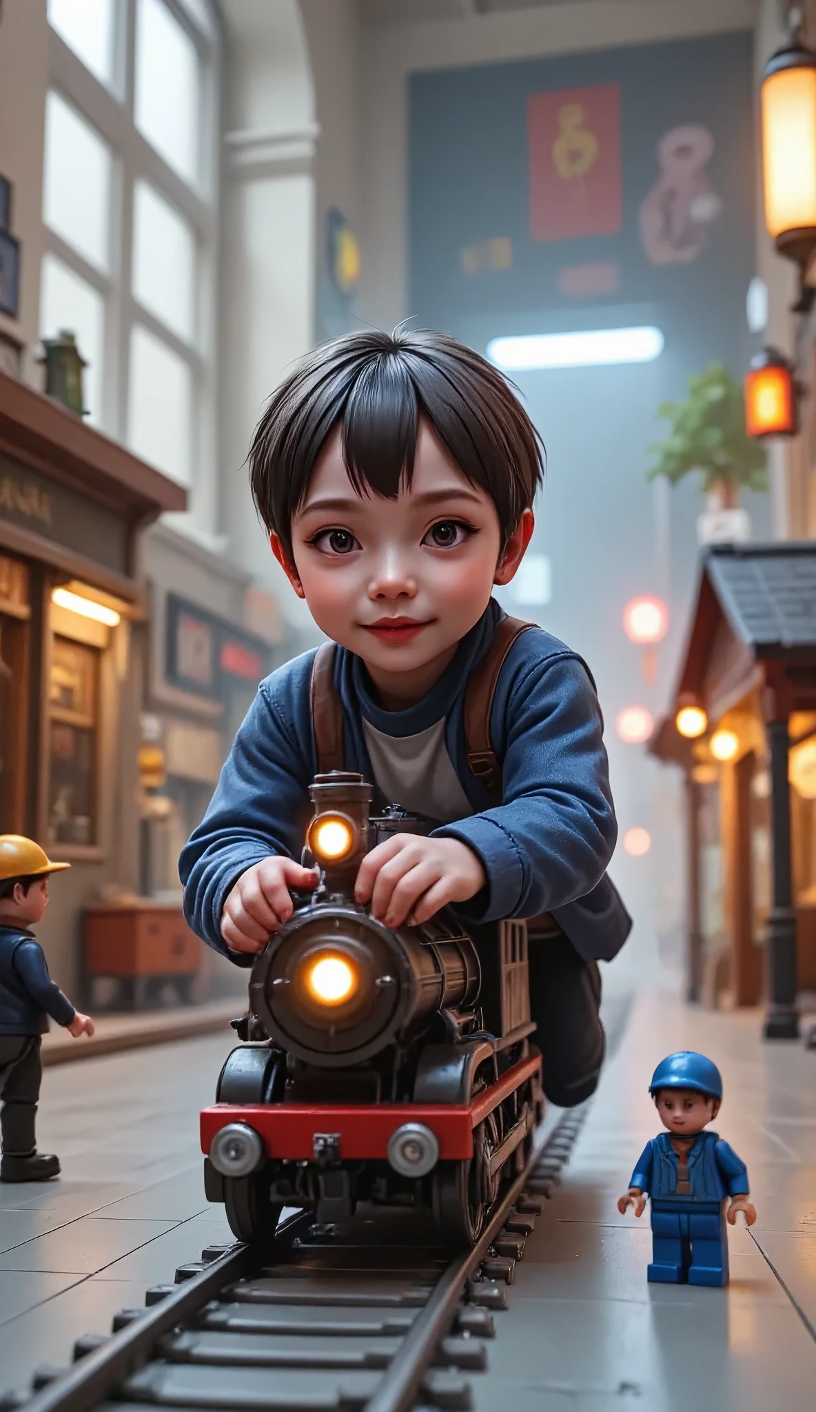  boy playing with a model of toy trains having fun smiling,  the model is very well decorated with a train stop station , LEGO :1. 3 dolls waiting for the toy train ,  the camera is from below ,  making the  look bigger , The boy pushes the train ,  to the train station so that the dolls can get on the toy train,  in the background you can see the boy and his room with decorations is ,  atmosphere of playing with the imagination 