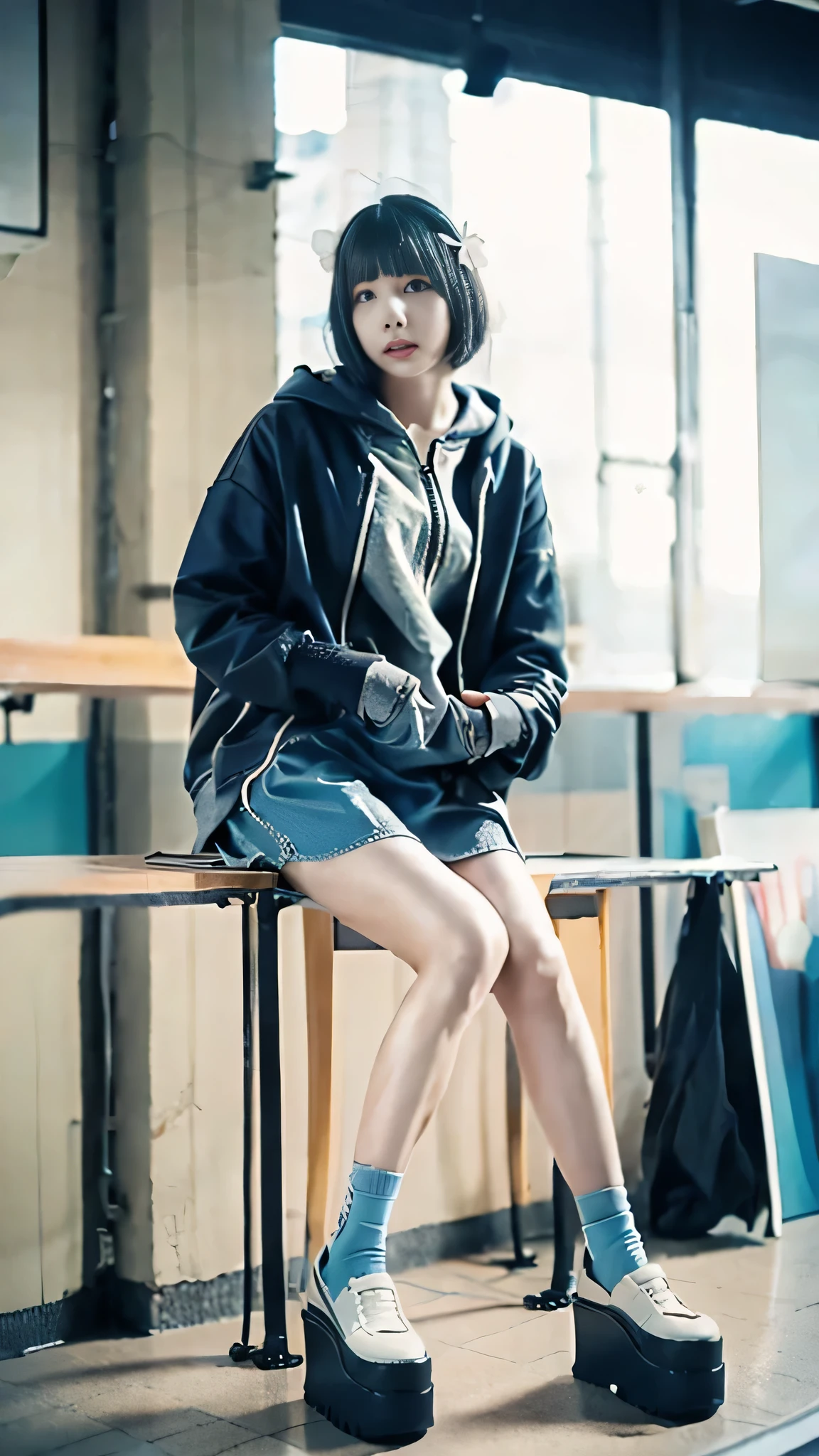 (Wearing white and light blue clothing:1.6),(Light blue fashion:1.6),(harajyuku fashion:1.6)(headdress:1.2),(hime cut:1.5),(short bob:1.5),(bowl cut:1.5),(Straight across bangs:1.5),(Black hair:1.2),(zip up hoodie unzipped:1.5),(Loose socks:1.5),(leg cover:1.5),(platform sneakers:1.6),(headphones:1.5),(headdress:1.5),8k, RAW photo, top quality, (masterpiece:1.2), (realistic, photo-realistic:1.2), extremely detailed 8k wallpaper, sharp concentration, depth of field,(A forward-looking image from head to toe),(Skinny),1girl, solo,standing, 21 year old Japanese actress,cute girl,slim body,Small bust,