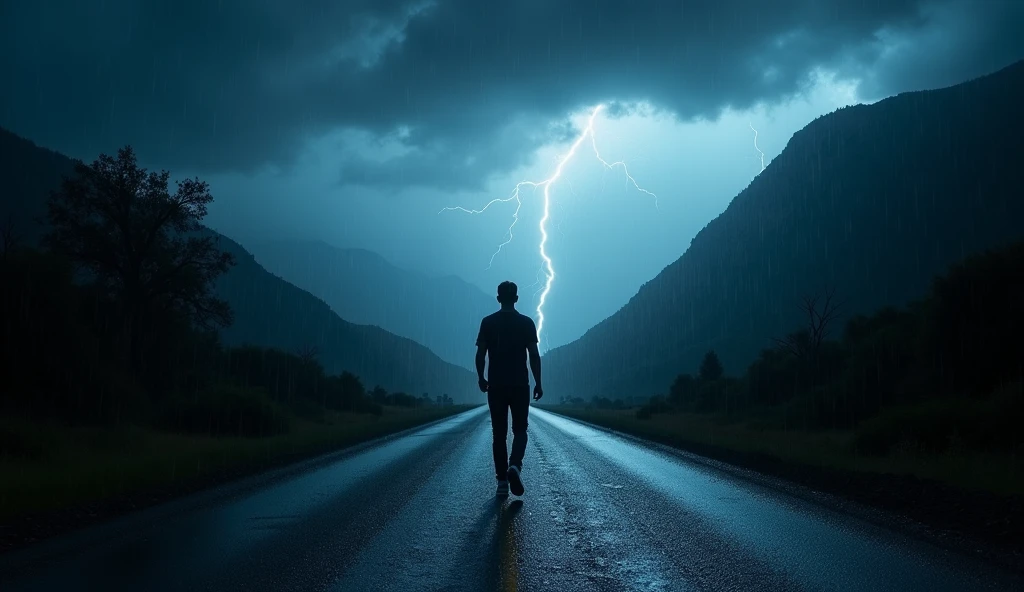 andra uma noite de tempestade. Um homem caminhava sozinho por uma estrada deserta andstrada escura com raios iluminando as montanhas.  Silhouette of a man standing in the middle of the road , with rain falling ,  with a heavy heart and the thunder echoing around him . suddenly,  a clear, authoritarian voice shouted : 'Pare!' andle congelou. and,  The next moment ,  a landslide destroyed the path in front of him . 