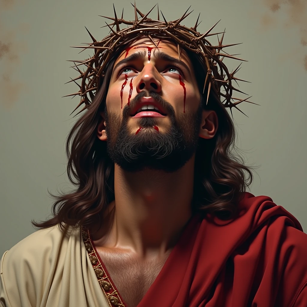 Oil painting, cobtrast, Impresionism, jesus christ, backlight, charisma, crown of thorns, Sick, depend on the father, whipped, bloody