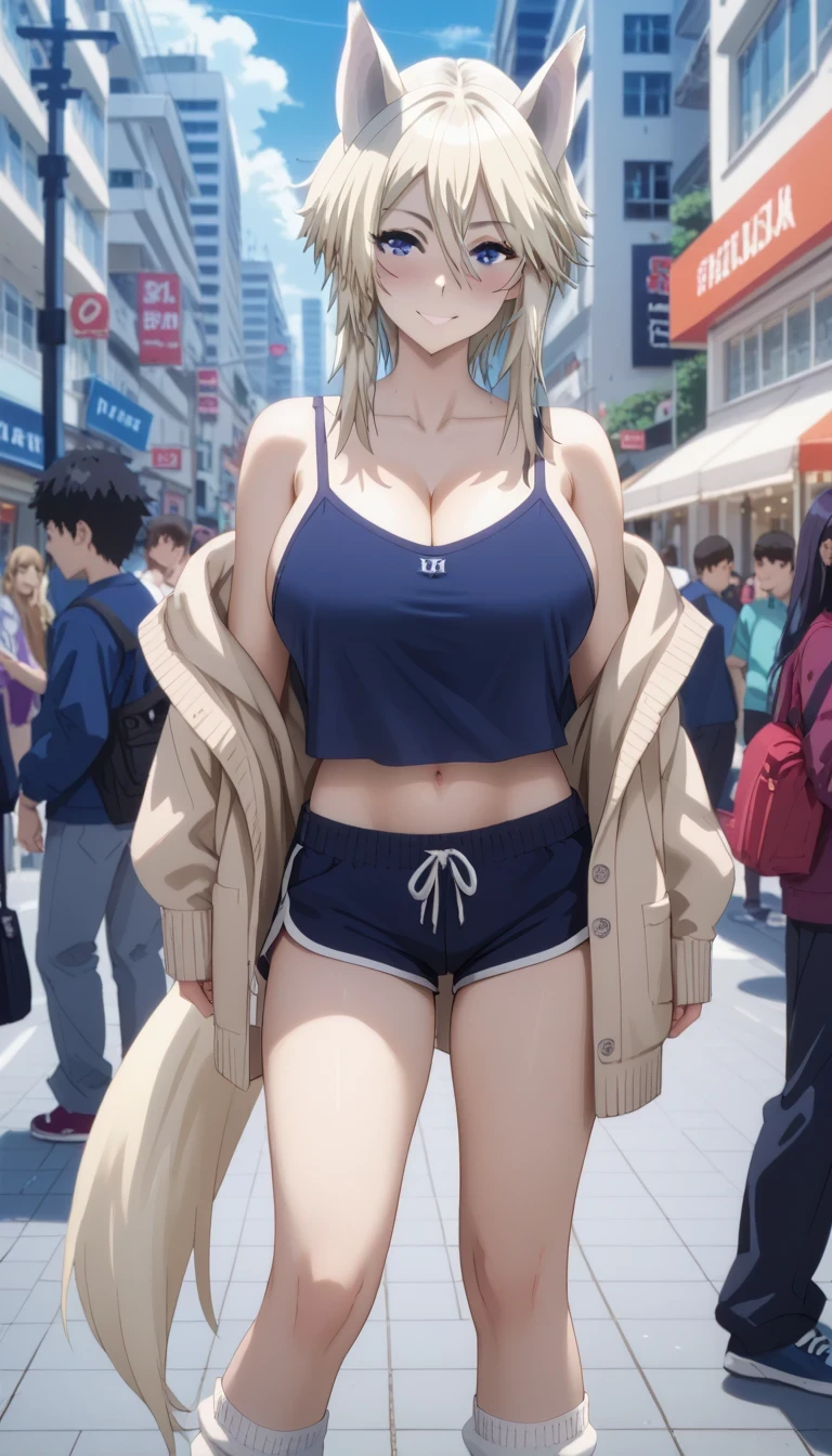 Tall girl, Fit girl,score_9, score_8_up, score_7_up, score_6_up, uncensored, ultra-detailed, 1girl, zeta, perfect face, animal ears, purple eyes, blonde hair, tail, huge breasts, blue dark camisole, cardigan, dolphin shorts, navel, midriff, looking at viewer, Standing in the middle of the crowd, city background in the middle of the night, blush, embrassed, smile, socks, Loose socks,