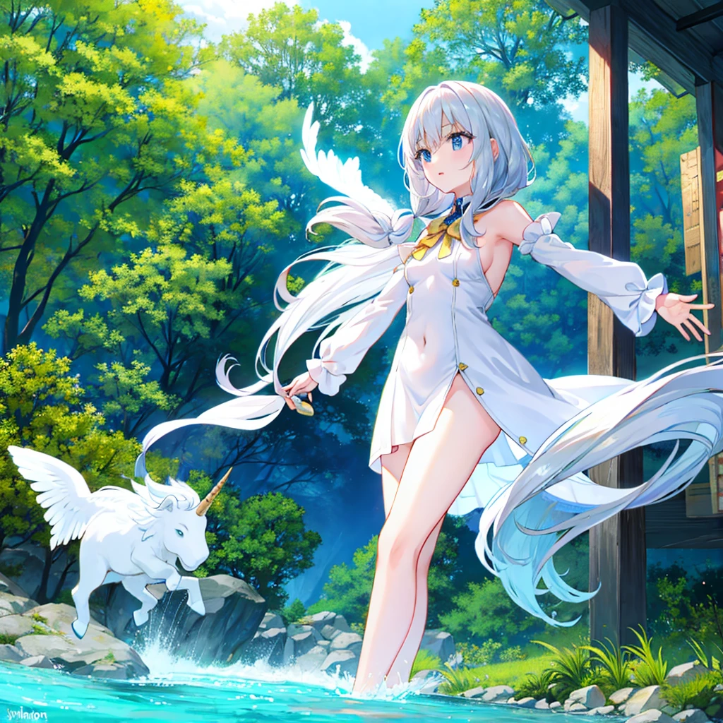 8k、master piece, Best Quality、One Cute Girl,pale blond hair, Blue eyes,Long twin tails up to the waist、Lens Flare,Dramatic、toppless、NSFW、teats 、pink areolas、barechested、All nude、wearing no clothes、A look of shame,extra detailed face、extremely detailed eye、flat breast、full bodyesbian