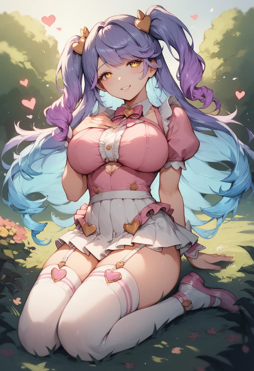 long ponytails, long hair, light blue hair, gradient hair, purple hair, yellow eyes, garter straps, pink swimsuit, short white skirt, white knee socks, heart hair ornament, magical girl, two side up,　（Very large breasts:1.5）　(hourglass body tipe) sad smiling　close look　in the bright city's park, on her knees, pretending to be happy but she's sad