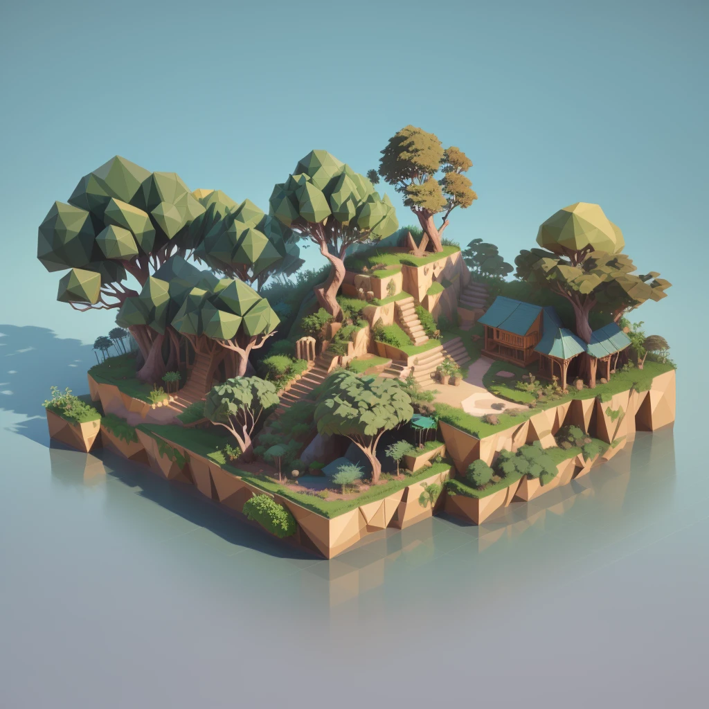 An isometrically complete tiny world，jungle景观, several animals inside , 3d rendering style, jungle环境,  isometric 3D fantasy island , 3d Low Polygon Rendering, 3 d Low Polygon Rendering,  stylized 3D rendering , jungle环境,  low polygon 3D rendering , Low Polygon Rendering,  isometric projection of a small island in the sky , a Low Polygon Rendering, jungle景观,((masterpiece,  better quality)),3D Rendering，Miniature Landscape，lowpoly,Ultra HD 8K, clearly focuses , Very Detailed ,Professional lighting,Color details，jungle， Amazon rainforest ，vine，Wild Boar， rainforest plants ， stone ，vine，Clean background