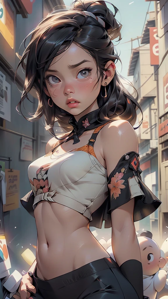 one girl, solo, (open stomach:1.3), slender body, fit body, (upper body, bust:1.2), (black eyes:1.3), black hair, (two cute braids:1.2), masterpiece, highly detailed, look at viewer, front view, (small breasts, tiny breasts, male chest, exposed breasts, deep cleavage:1.5), (transparent white t-shirt, wet t-shirt, choker:1.4), (studio lights, blured background, glowing edges of image, shiny blured background, gradient sprayed background, colorful background:1.3), expressing joy, (nipples:1.1)