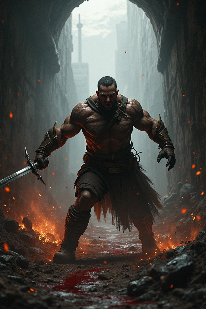 The hunchback of Notre Dame stands strong in the corridors of a castle, axe in hand.