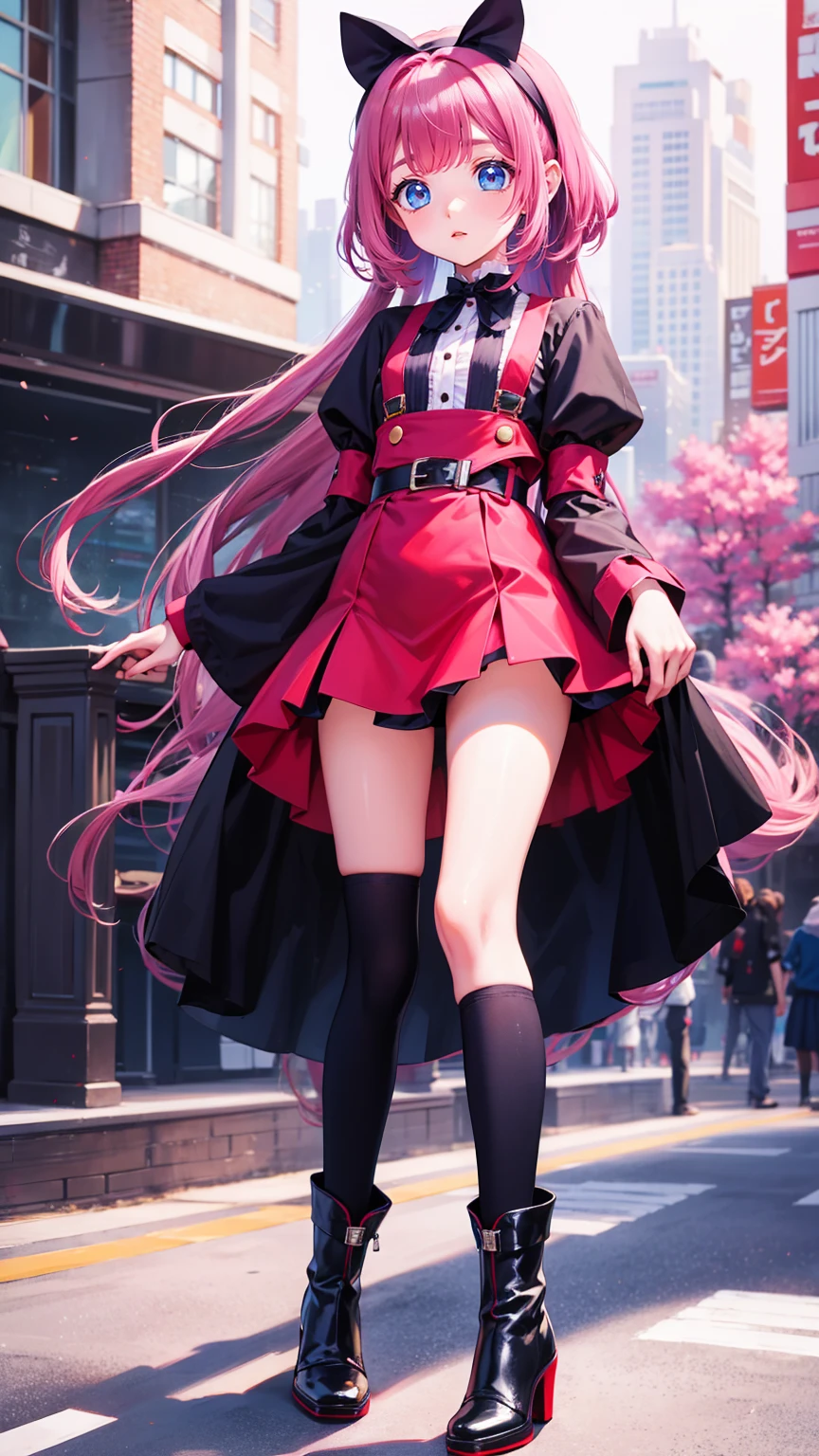   anime style 、story、、   pretty girl 、とてもcute天使、  pink gothic dress 、cute、baby face、smile、  Long Skirt 、   black boots 、Very cute headband
