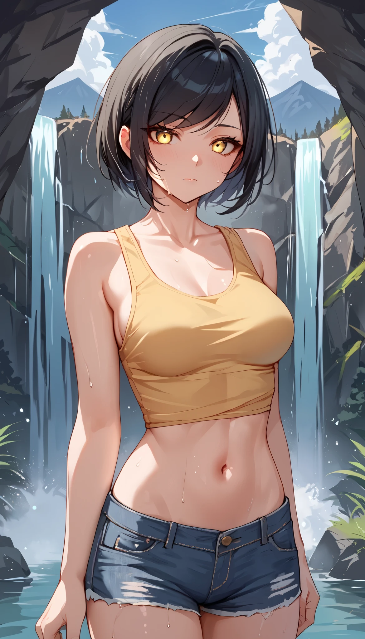 nsfw,(masutepiece, Top quality), High quality, (illustration:1.3), 1 Girl, 35 years old, MILF, medium tits, black bob cut, (happy smile:1.3), (black tank top, underboob), blue hot pants, hot spring, armpit, cowboy shot, eye contact, sunlight, (Sweat:1.1)
